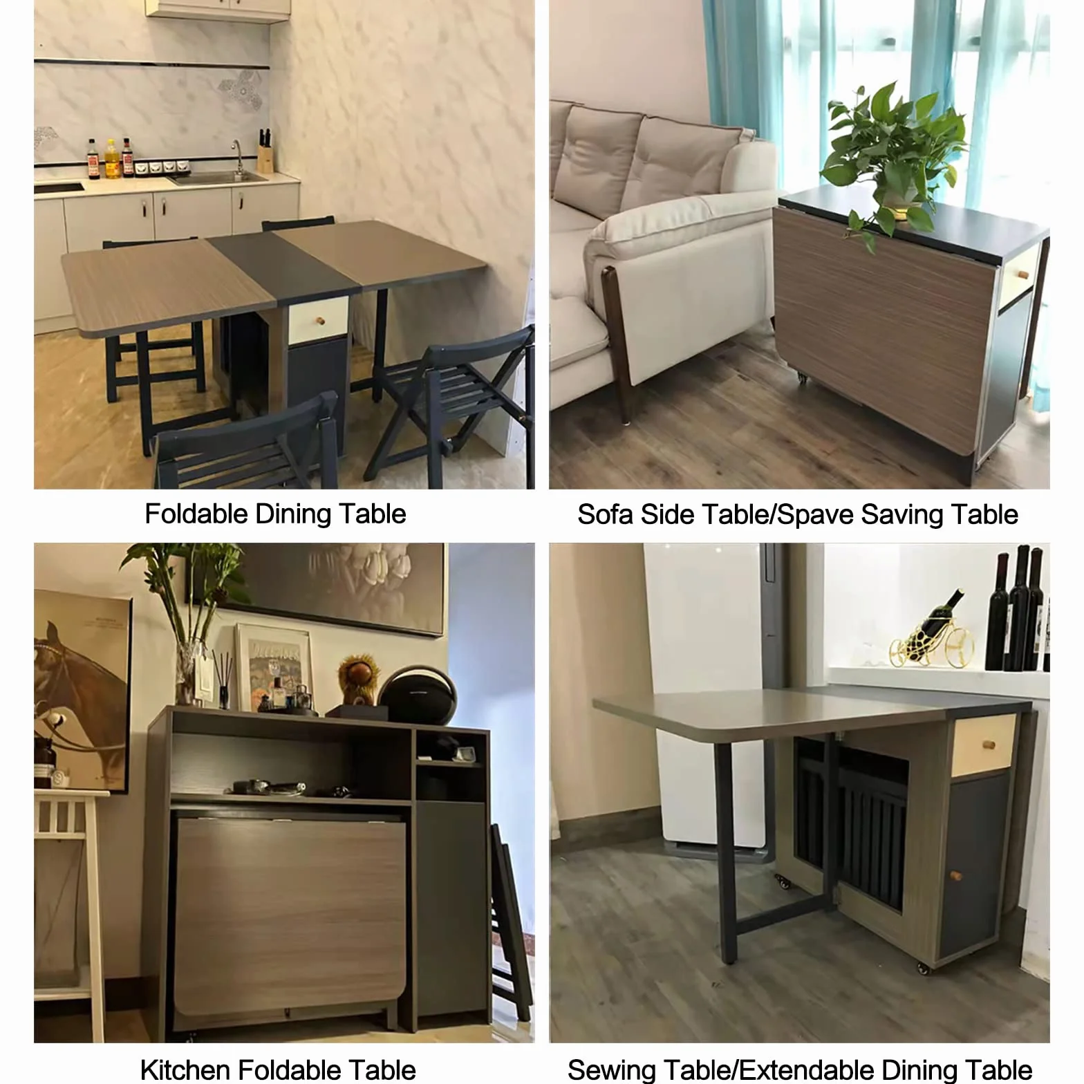 Drop Leaf Folding Dining Table with Storage, 2 Drawers, Grey | 3 Foldable Forms, Space Saving, Movable on Casters, for Kitchen Dining Living Room, Extendable, Versatile