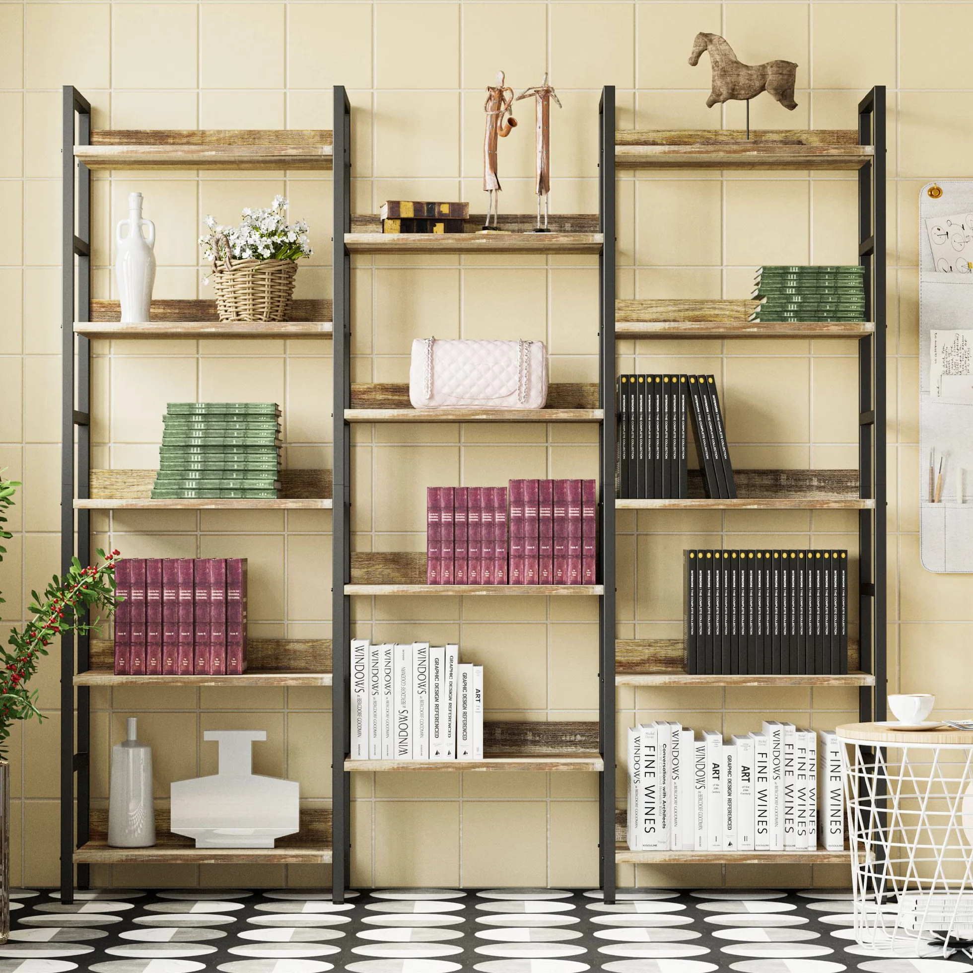 IRONCK Book Shelf, Bookshelves and Bookcases, 5 Tiers Bookshelf with Baffles, Large Bookshelf with Metal Shelving, Triple Wide Shelves for Living Room, Home Office