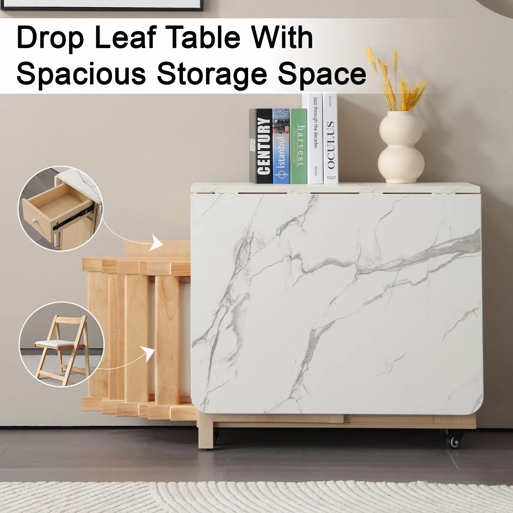 Drop Leaf Table Extendable, Foldable Kitchen Table Space Saving, Folding Dining Table with 2 Drawers and 4 Wheels, Dining Table for Living Room, Farmhouse， RV(Marble Wood)