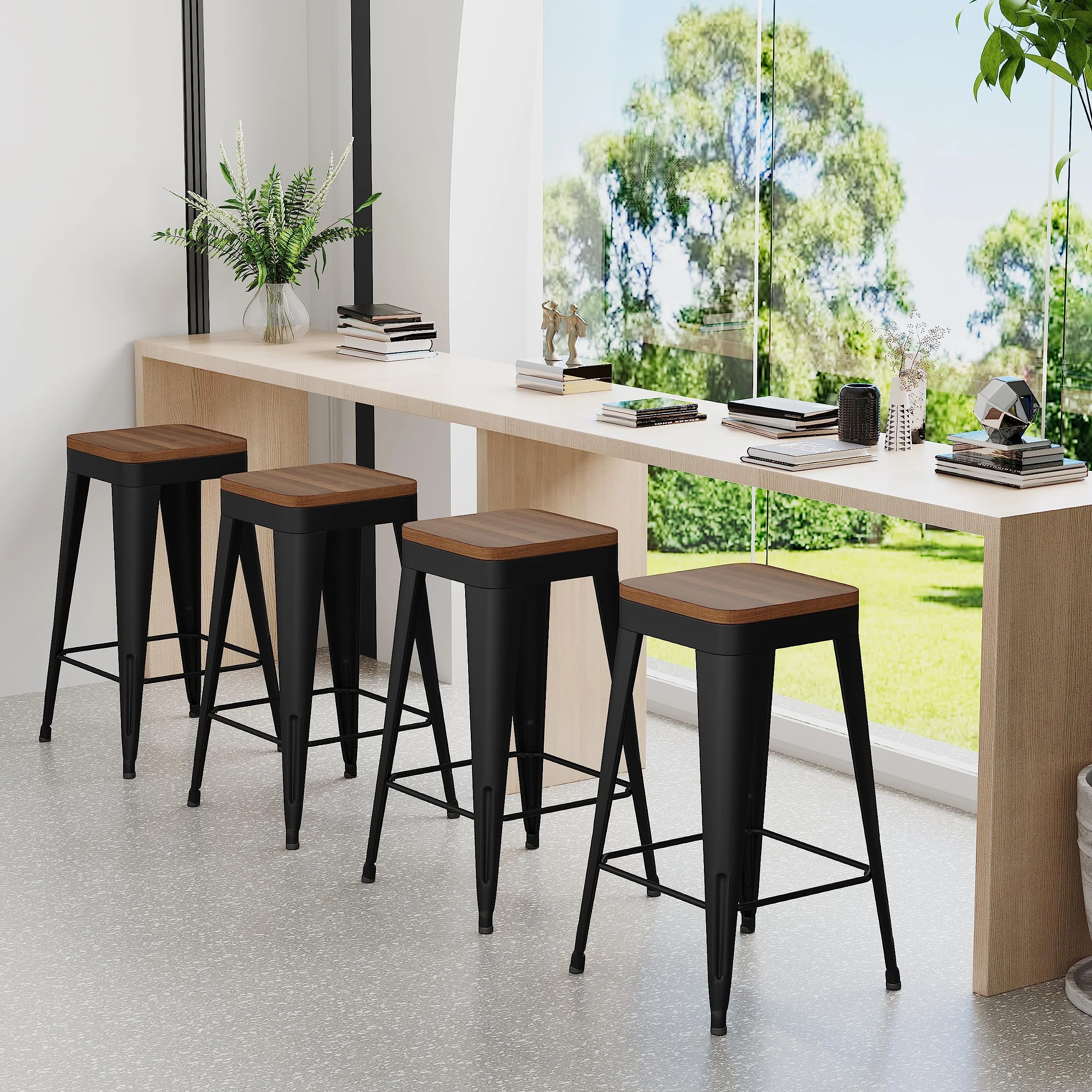 Bar Stools Set of 4 Metal Bar Stool Counter Height Bar Stools Black, Modern 24" Bar Chairs Without Back,Wooden Seat Bar Stool Counter Height