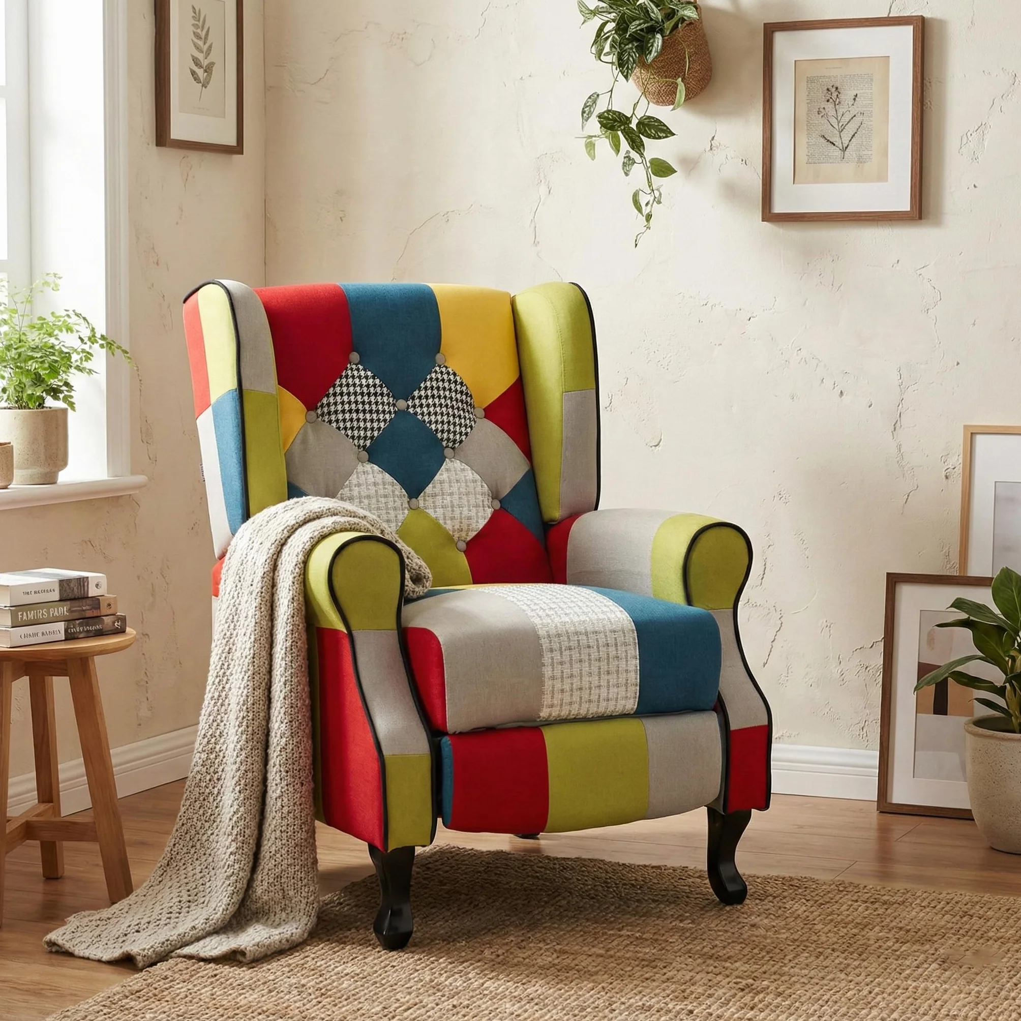 BRIGROS La voglia di fare WeHome - Recliner Chair with Ergonomic Fabric Seat, Bed Chair, Adjustable Backrest, for Living Room, Living Room and Office (Patchwork, Patchwork)