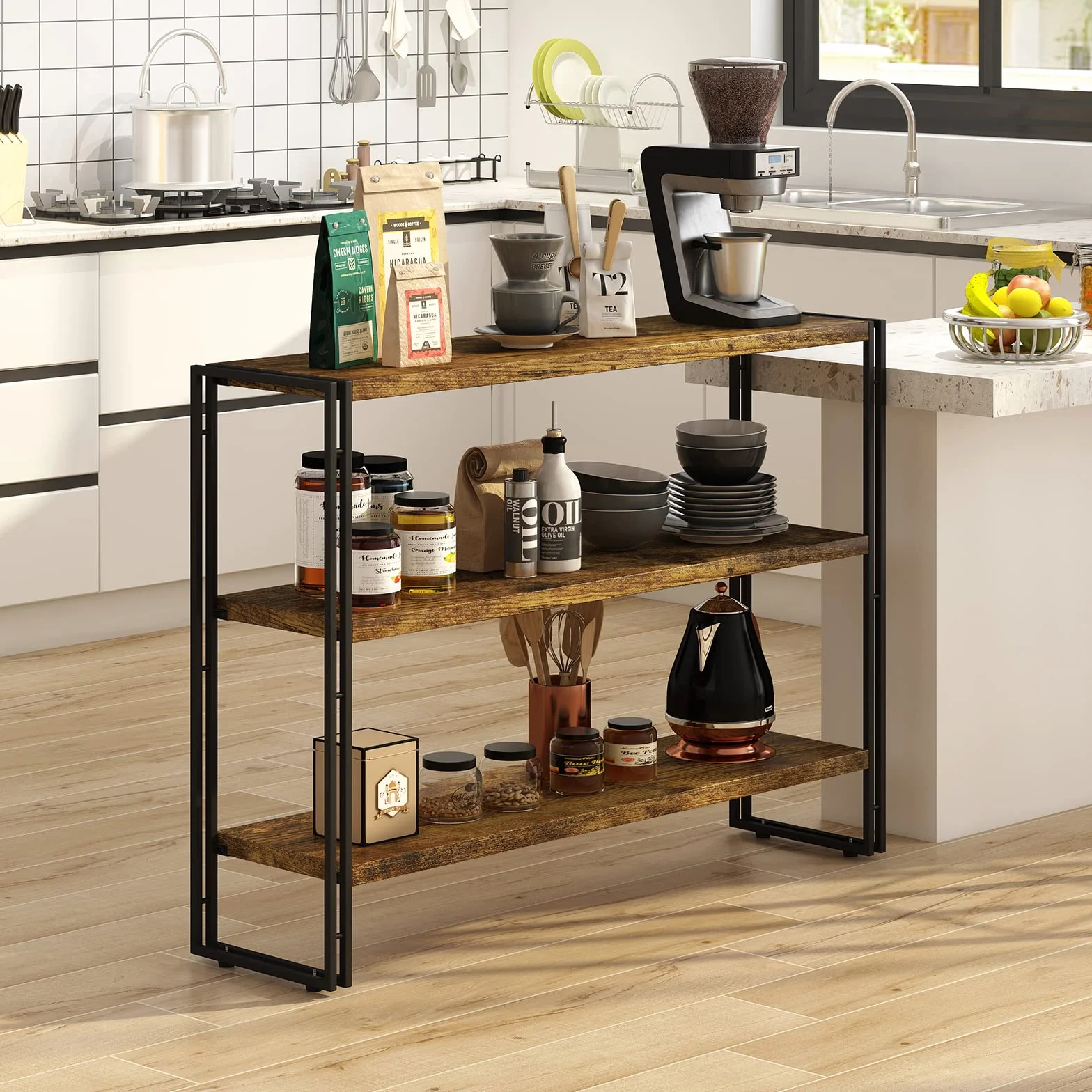 HCHQHS 3-Tier Rustic Wood and Metal Industrial Bookcase - 40in, for Home Office, Bedroom, Kitchen, Bathroom