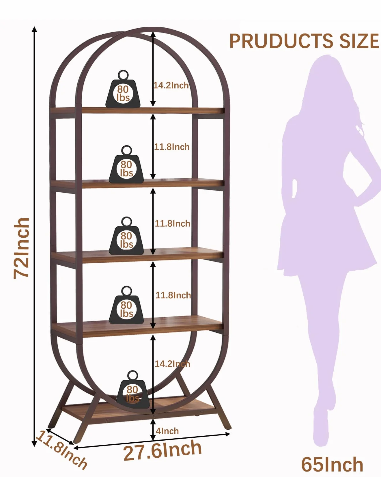 Bookshelf Arched Bookcase, 5 Tier Open Freestanding Display Shelf for Home Office, Living Room, Walnut