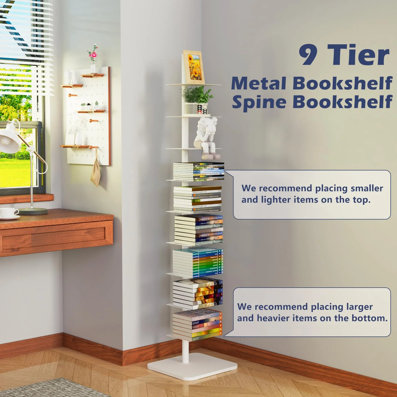 Choowin 9-Shelf Metal Spine Bookshelf Vertical Bookshelf, Adjustable Modern Floating Narrow Tree Book Shelf Book Tower, Display Shelf for Bedroom Living Room Office, 70 inch Tall, White