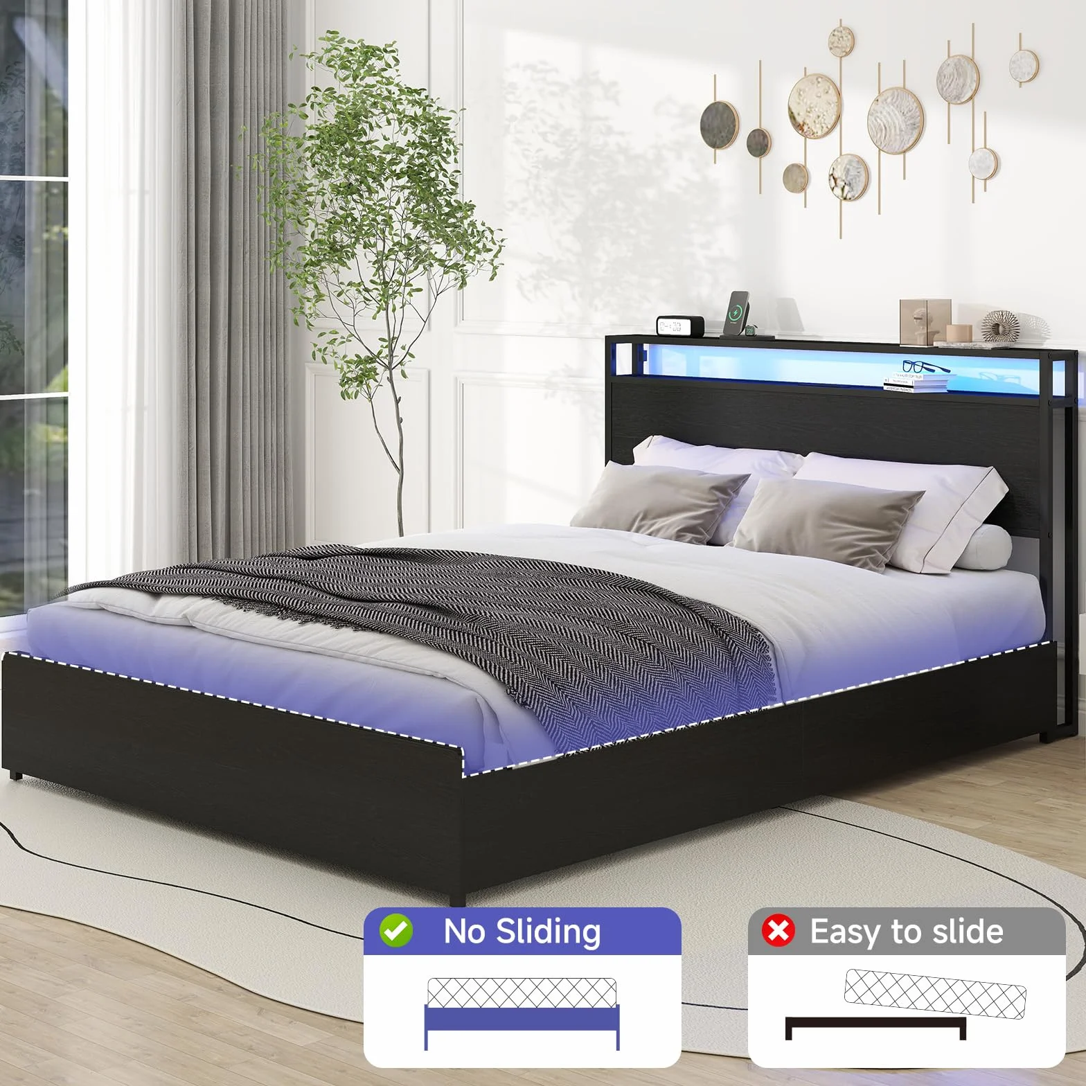 Zevemomo Queen Bed Frame with 4 Storage Drawers, No Noise, Black | Queen Size Bed Frame with Headboard, LED, Charging Station with USB Ports & AC Outlets, Sturdy Metal Slat Support