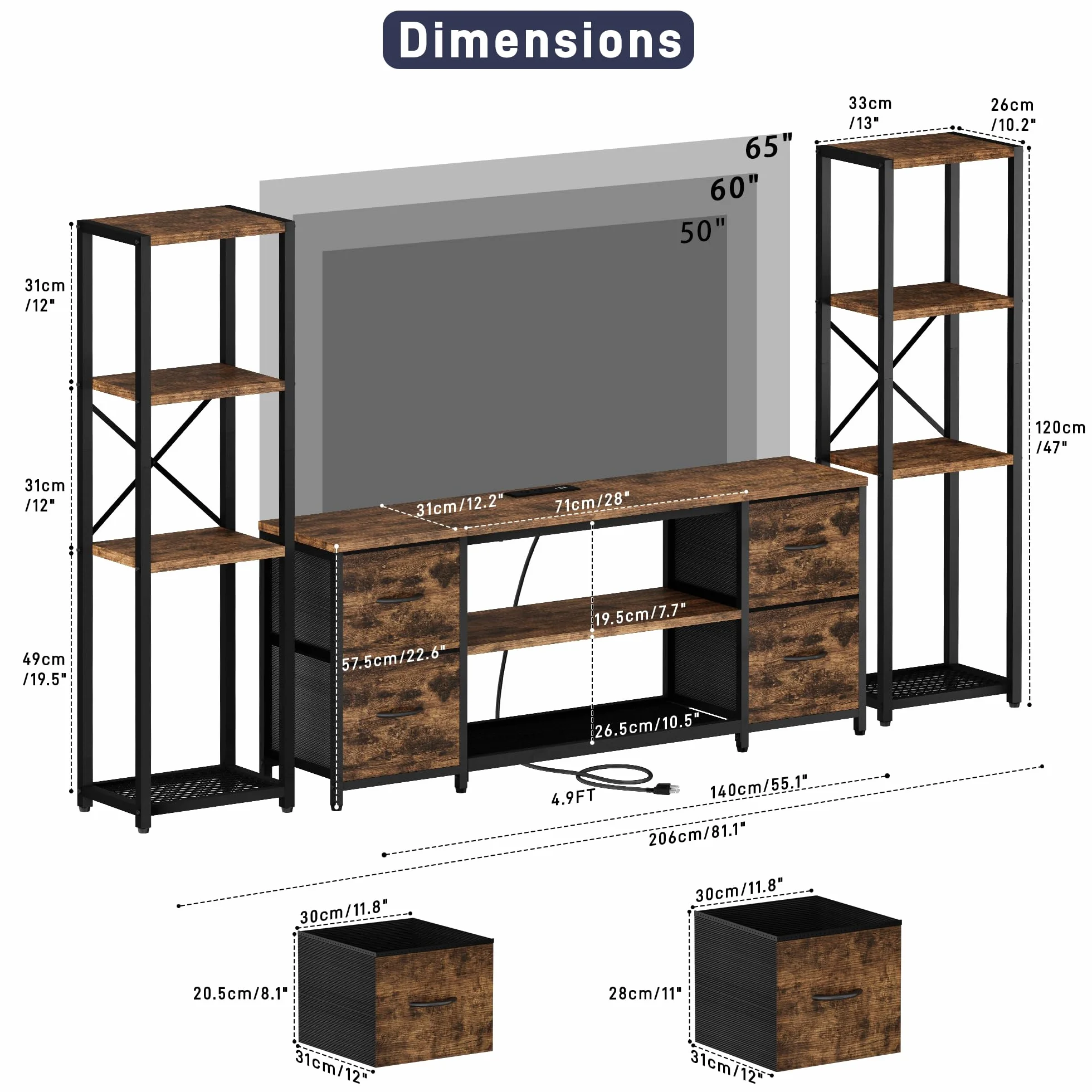 LED TV Stand Bookshelf Combo with Charging Station for 65 60 55 Inch TV, Entertainment Center with Lights & Drawers, Industrial Media TV Console Table for Living Room Bedroom Office, Rustic Brown
