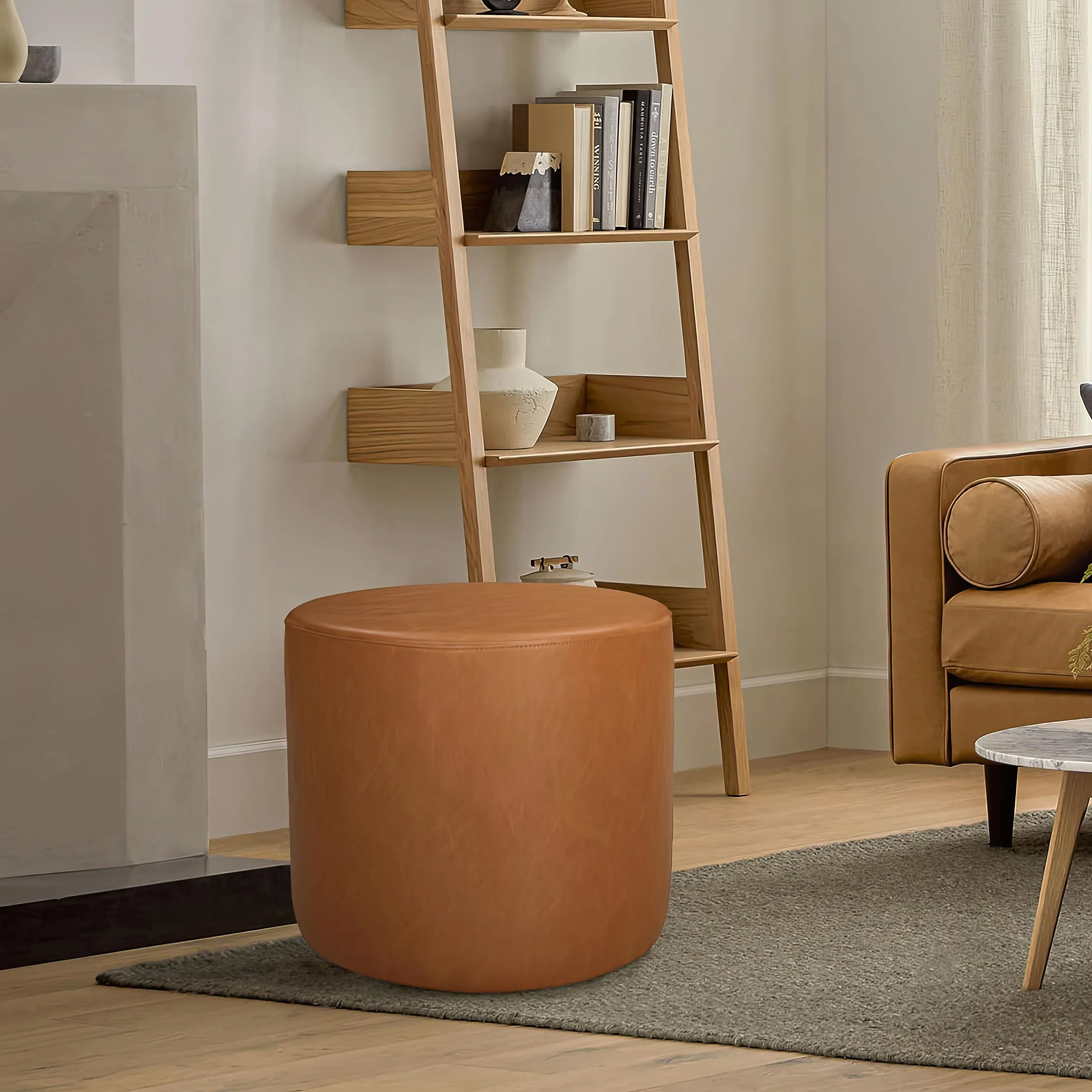 Lifestyle Solutions 19” Wentworth Ottoman Round Faux Leather Bench, Stationary Ottomans, Backless Chair, Footrest for Living Room, Footstool Office, Bedroom, Padded Seat, Caramel Brown