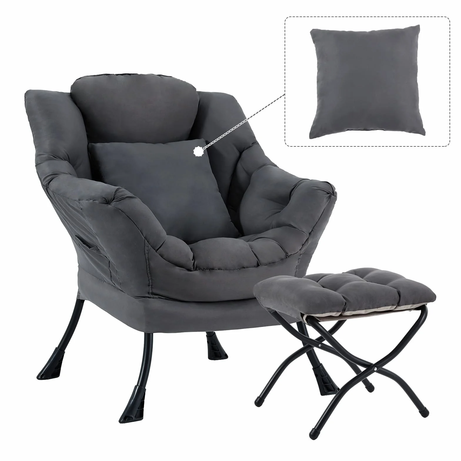 Lazy Chair with Ottoman, Comfy Reading Lounge Chair with Footstool & Throw Pillow Modern with Armrests & Side Pocket for Living Room, Bedroom, Dorm Room, Dark Grey