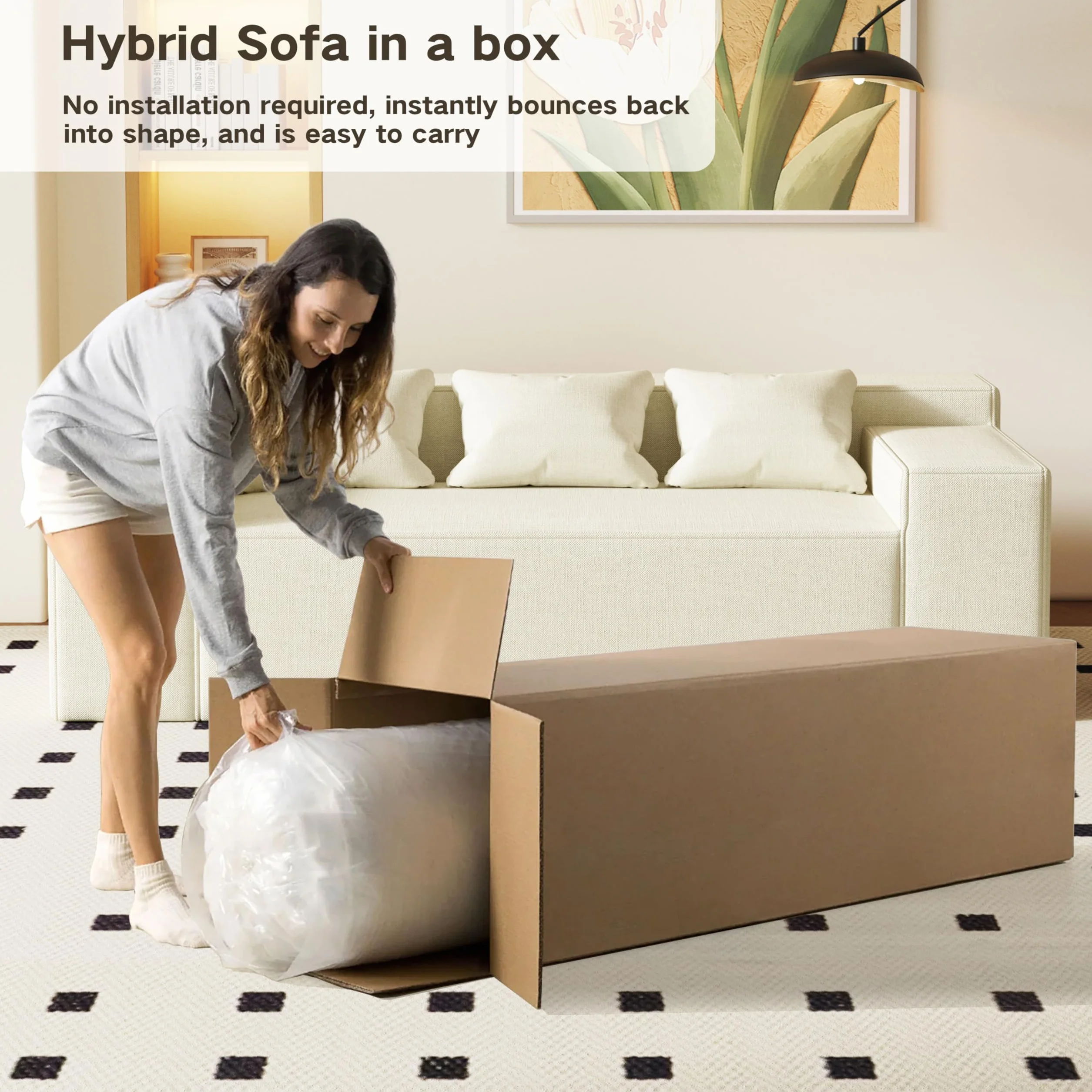 Modern 3-Seater Sofa, Hybrid Sofa in a Box, No Assembly Required, Comfy Sofa Couch with 3 Matching Pillows, Cat-Scratch Resistant Linen, Couch for Living Room or Bedroom, Beige