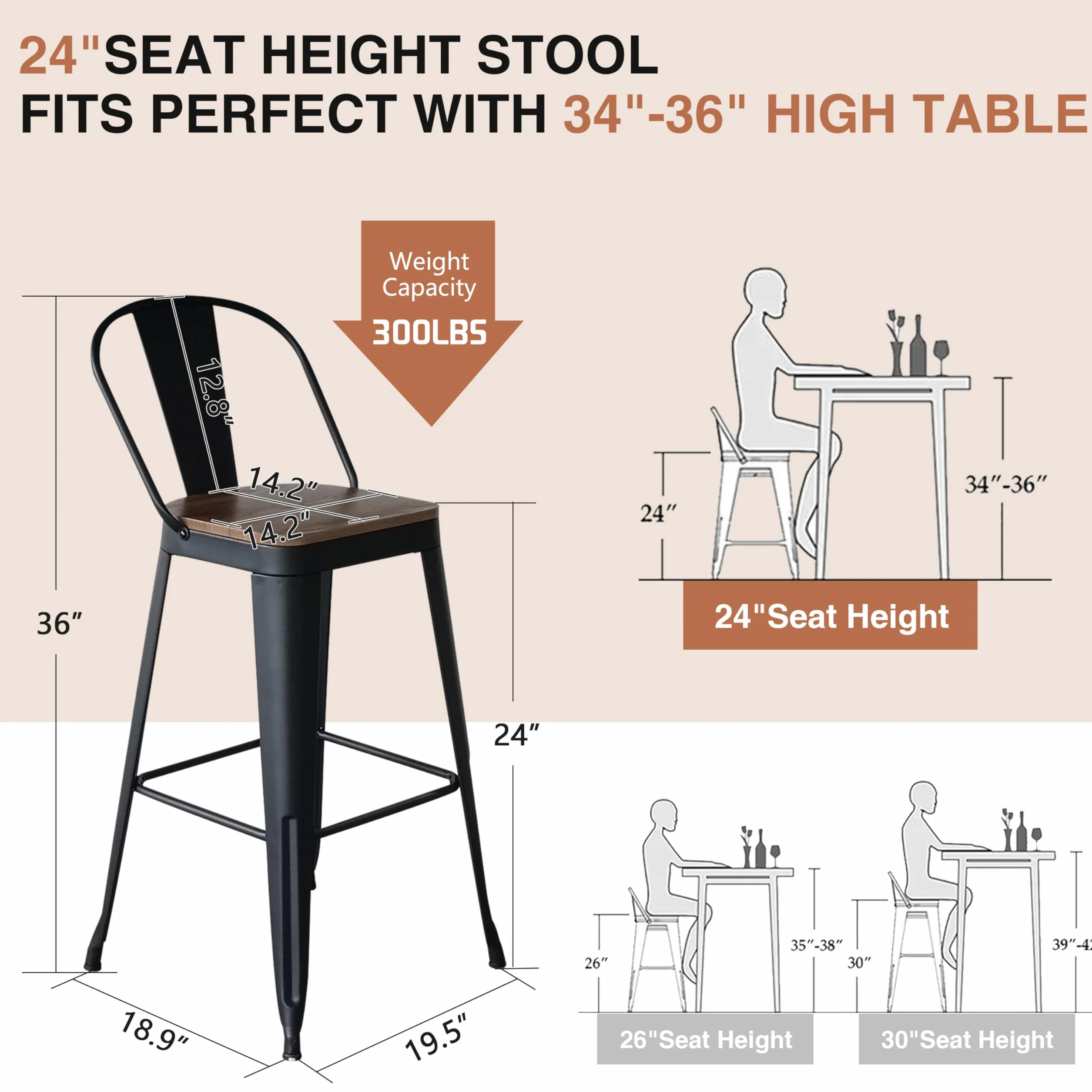 ALISH 24 Inch Bar Stools Set of 4, Industrial Counter Height Barstools High Back Metal Bar Stools with Large Wood Seat Bar Chairs for Kitchen Island (24 Inch Set of 4, Black)