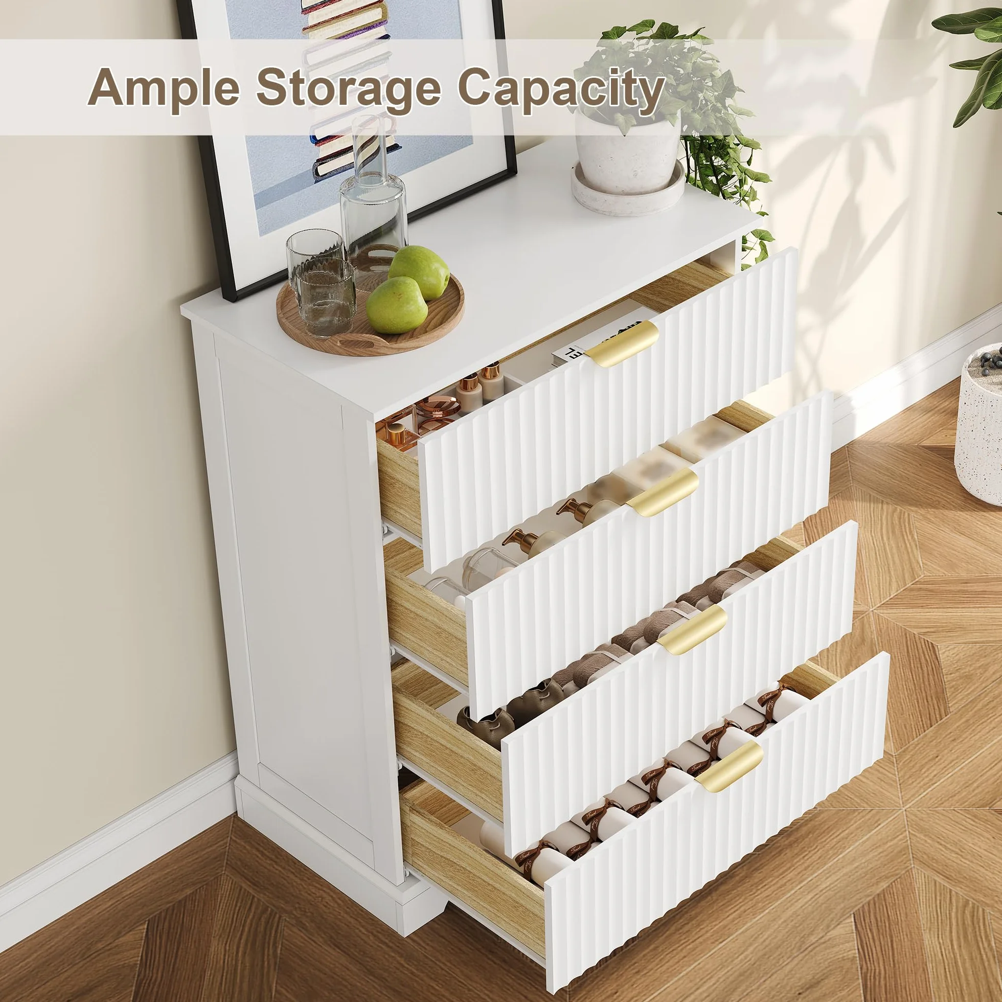 Wooden 4 Drawer Dresser for Bedroom, 36.6 in Tall Fluted Dresser with Metal Handles, Modern Chest of Drawers for Bedroom, Living Room, Entryway, White