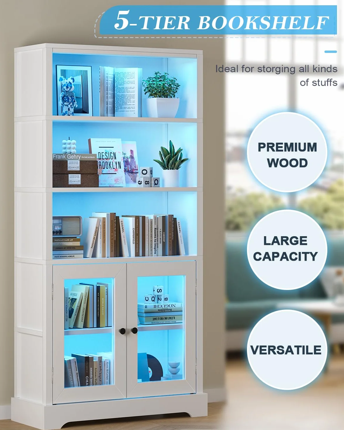 TVU 5-Tier Bookshelf, 65" Bookshelf with Multi-Color Ambient Lights (APP Remote Control), Tall Vertical Display Shelf with Cabinet Doors, Suitable for Living Room, Bedroom, Study, Office, White
