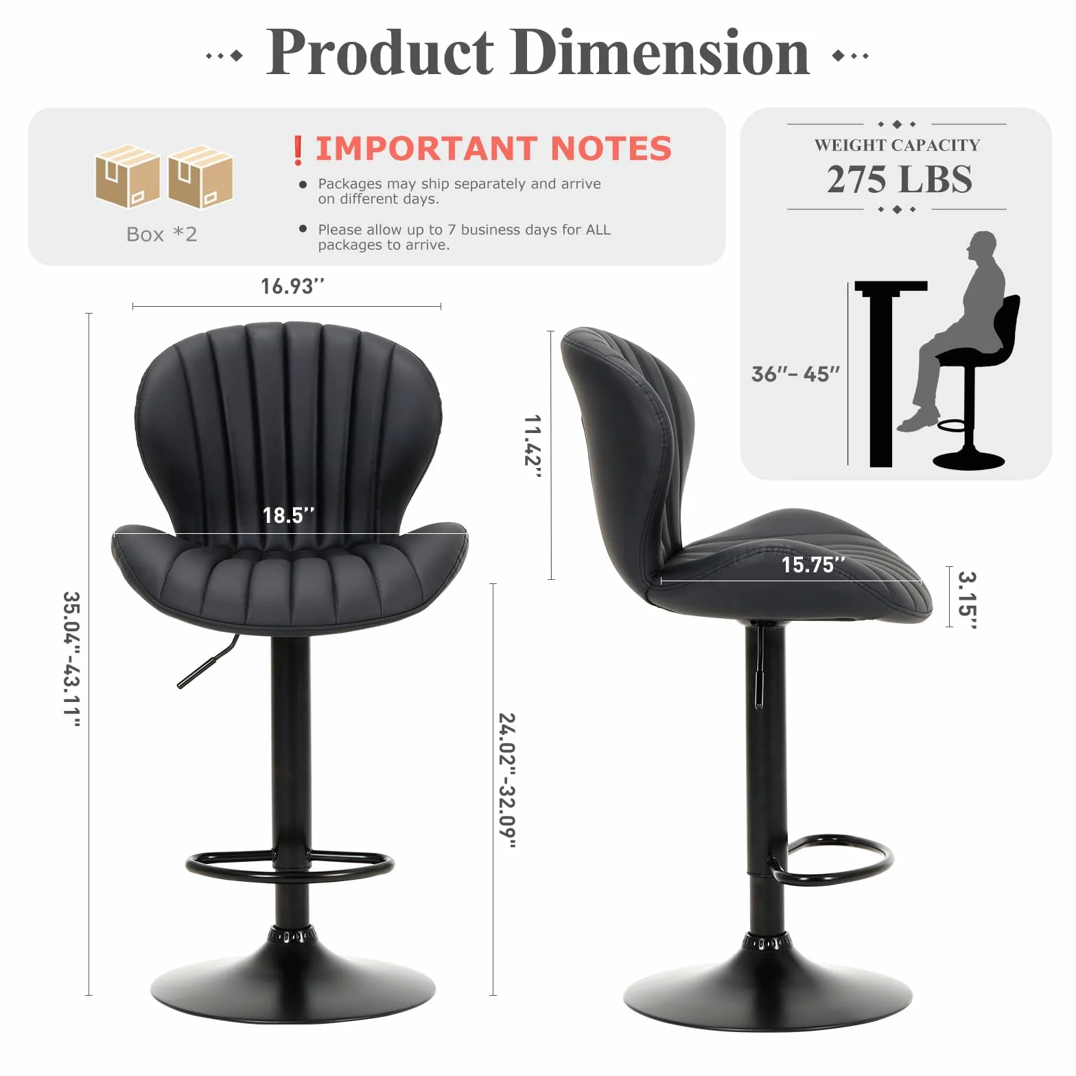 COLAMY Bar Stools Set of 4, Modern Swivel Bar Chairs, Adjustable Faux Leather Upholstered Barstools Counter Height with High Backrest for Bar, Kitchen Island, Dining Room, Black