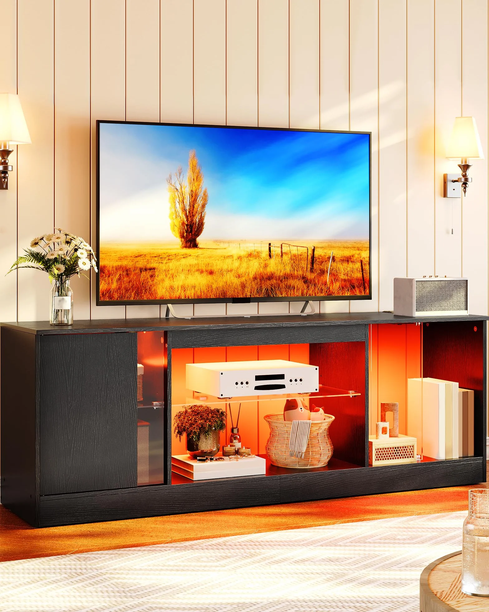 TV Stand with Power Outlets 55 65 inch, Modern Entertainment Center with Multi-Color LED Light, Media TV Console with Adjustable Glass Shelves for Living Room Black MDS01UDBB