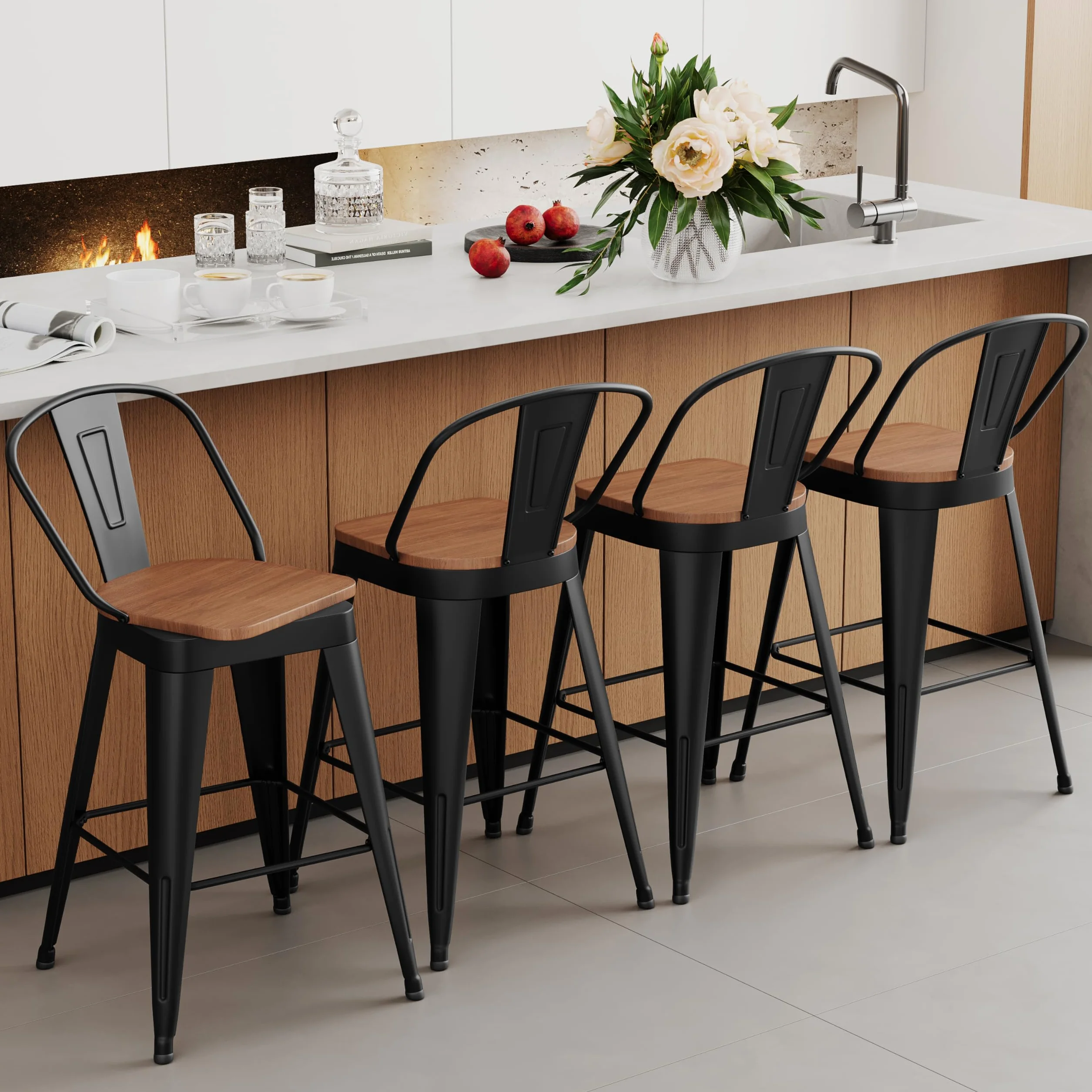 Aklaus Swivel Bar Stools 24 inch Swivel Metal Counter Height Barstools Set of 4 Modern Farmhouse Bar Chairs with High Backs and Large Wooden Seat for Kitchen Island Dining Room Matte Black