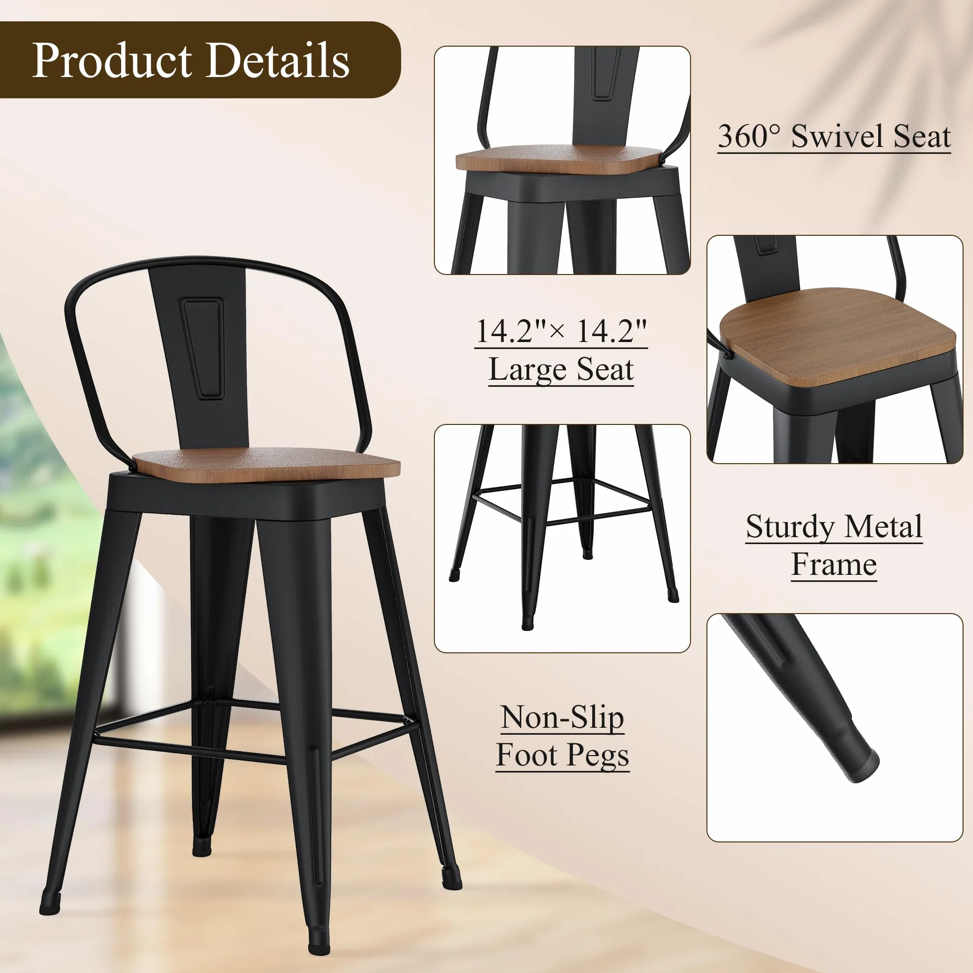 Aklaus Swivel Bar Stools 24 inch Swivel Metal Counter Height Barstools Set of 4 Modern Farmhouse Bar Chairs with High Backs and Large Wooden Seat for Kitchen Island Dining Room Matte Black