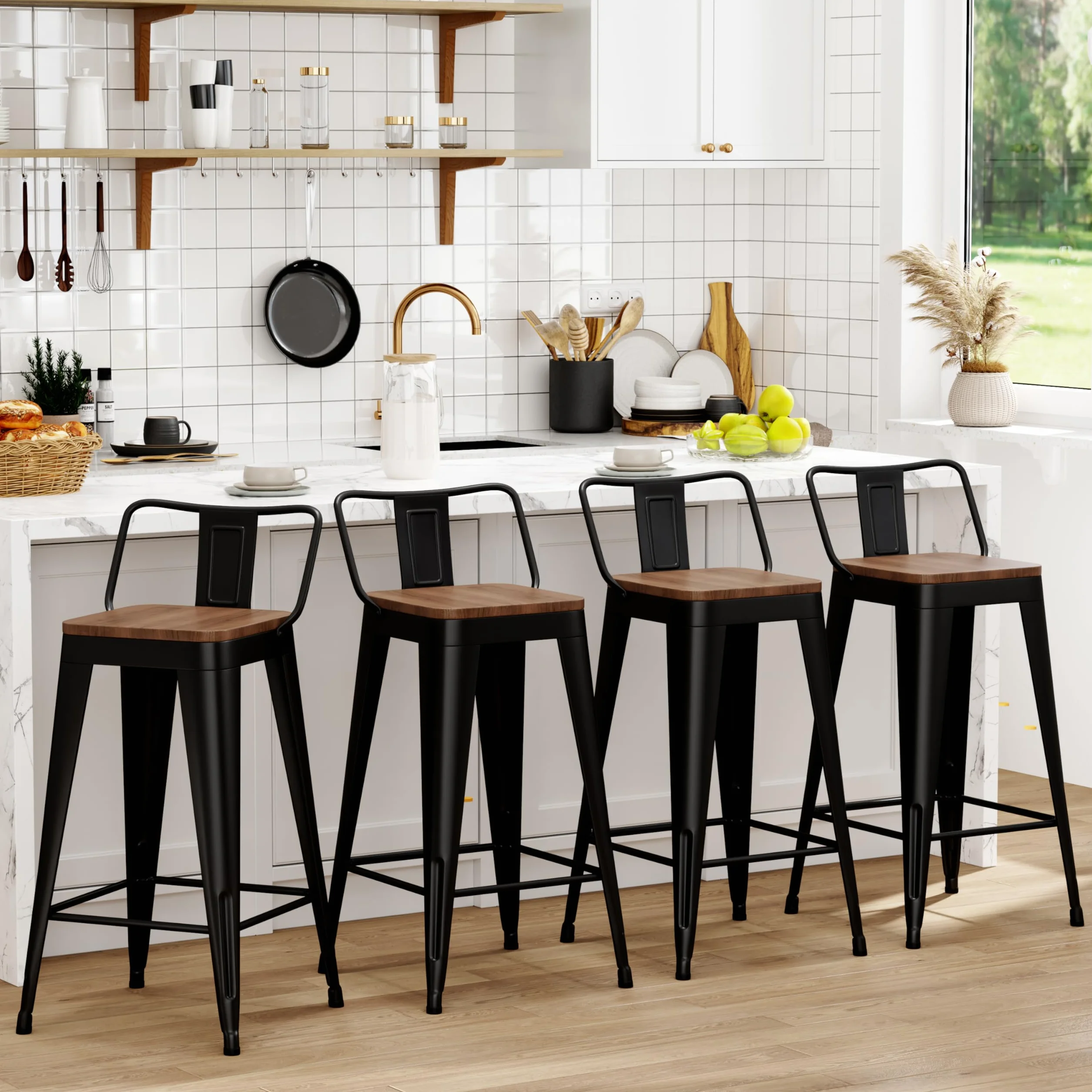 WENTMENT Metal Bar Stools Set of 4 Counter Height Barstools with Removable Back 26" Kitchen Bar Stools with Wooden Seat, Black