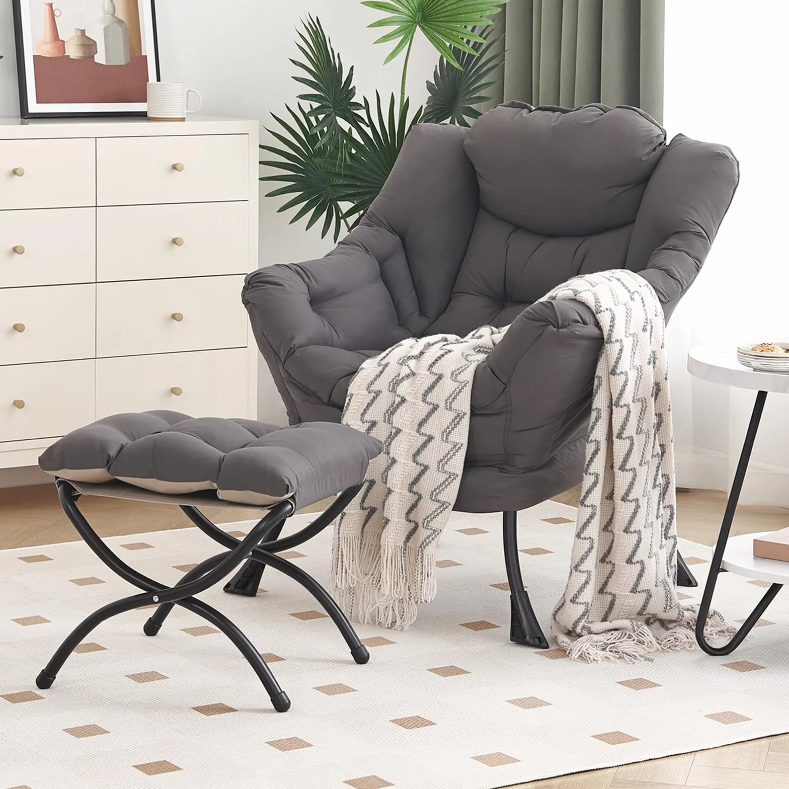 Furlide Lazy Chair with Ottoman, Modern Chair with Folding Footrest, Dark Grey Accent Chair, Comfortable Reading Chair, Oversized Armchairs for Bedroom, Study, Living Room, Courtyard | Accent Lounge Chair with folding Foot Stool, Removable Washable Cover