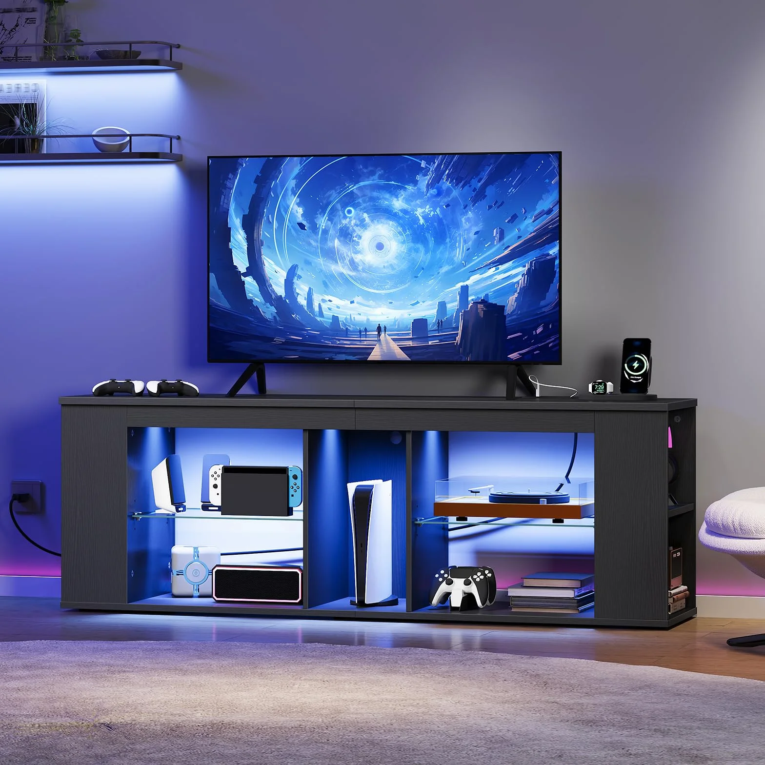 55" TV Stand for up to 65" TVs with RGB LED Lights, Built-in Power Outlet, Adjustable Glass Shelves & Open Storage, Modern Media Console for Living Room & Game Room, Black MDS05UDBB