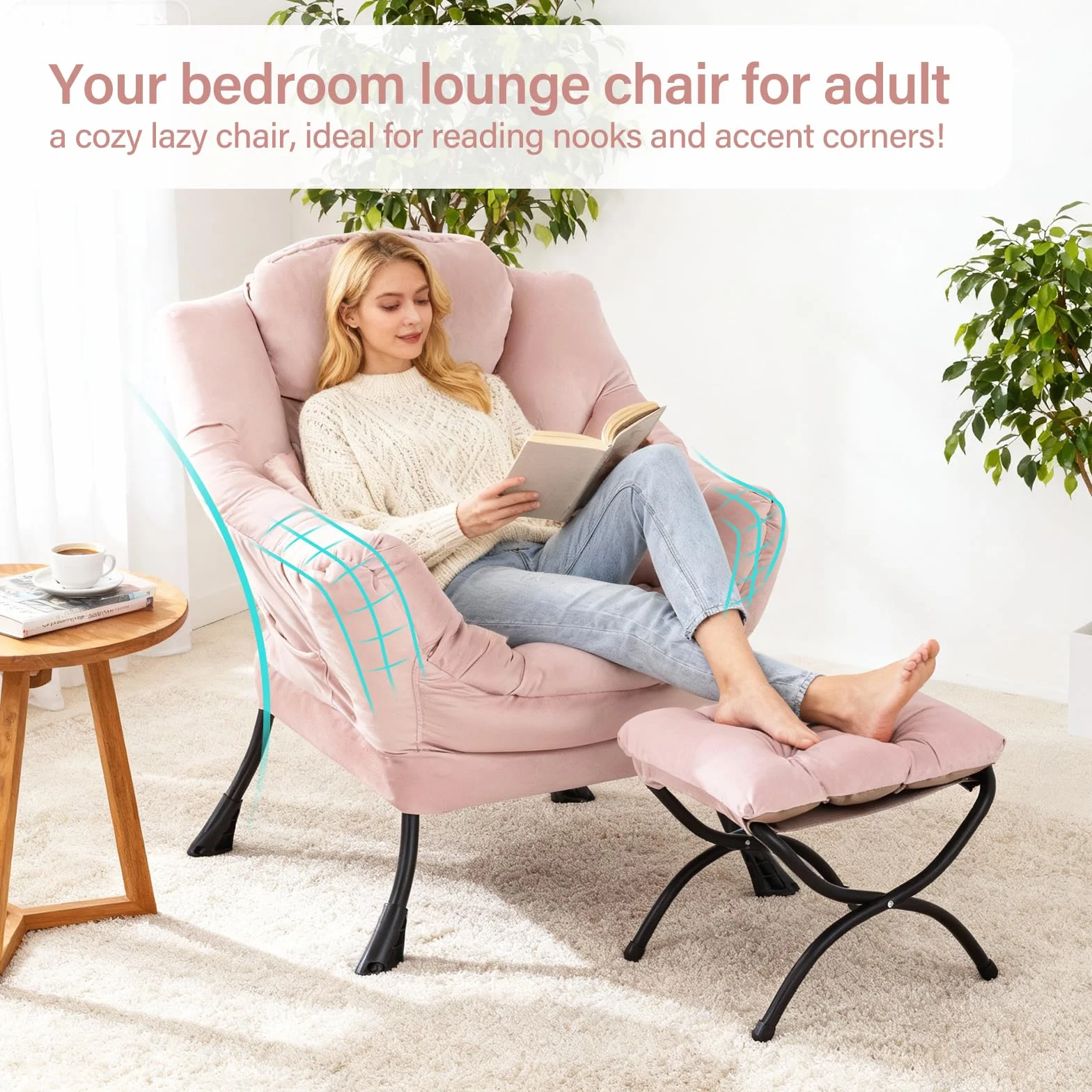 Lazy Chair with Ottoman, Velvet Reading Chair with Pillow，Pink | Comfy Accent Lounge Chair with Pillow & folding Foot Stool, sturdy metal frame for bedroom, dorm or apartment, Living Room