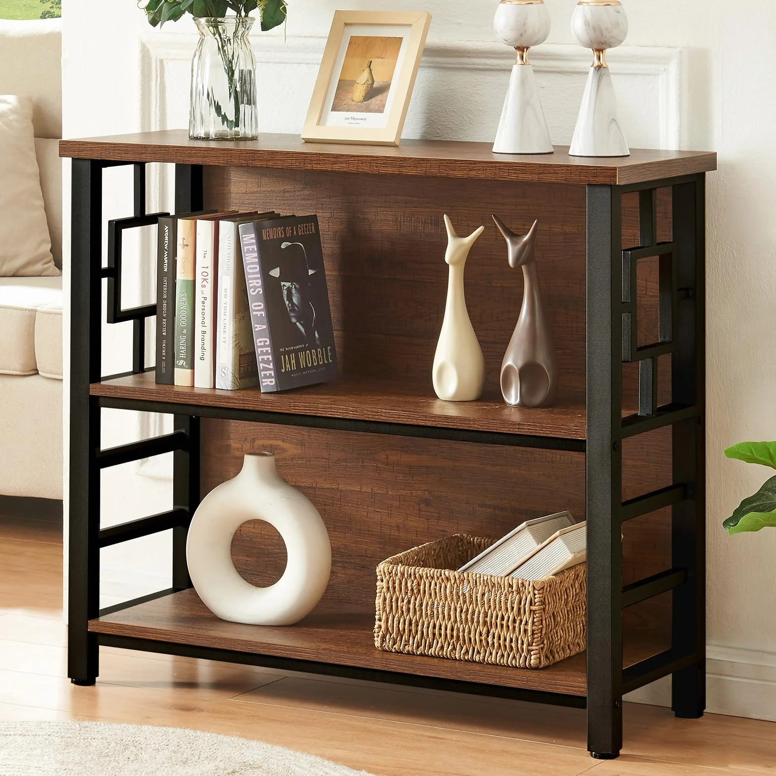 HOMISSUE Book Shelf, 3 Tier Deep Bookshelf with Storage, Engineered Wood and Metal Shelf Bookcase, Low Short Bookcases for Small Space, Living Room, Bedroom, Office, Rustic Brown