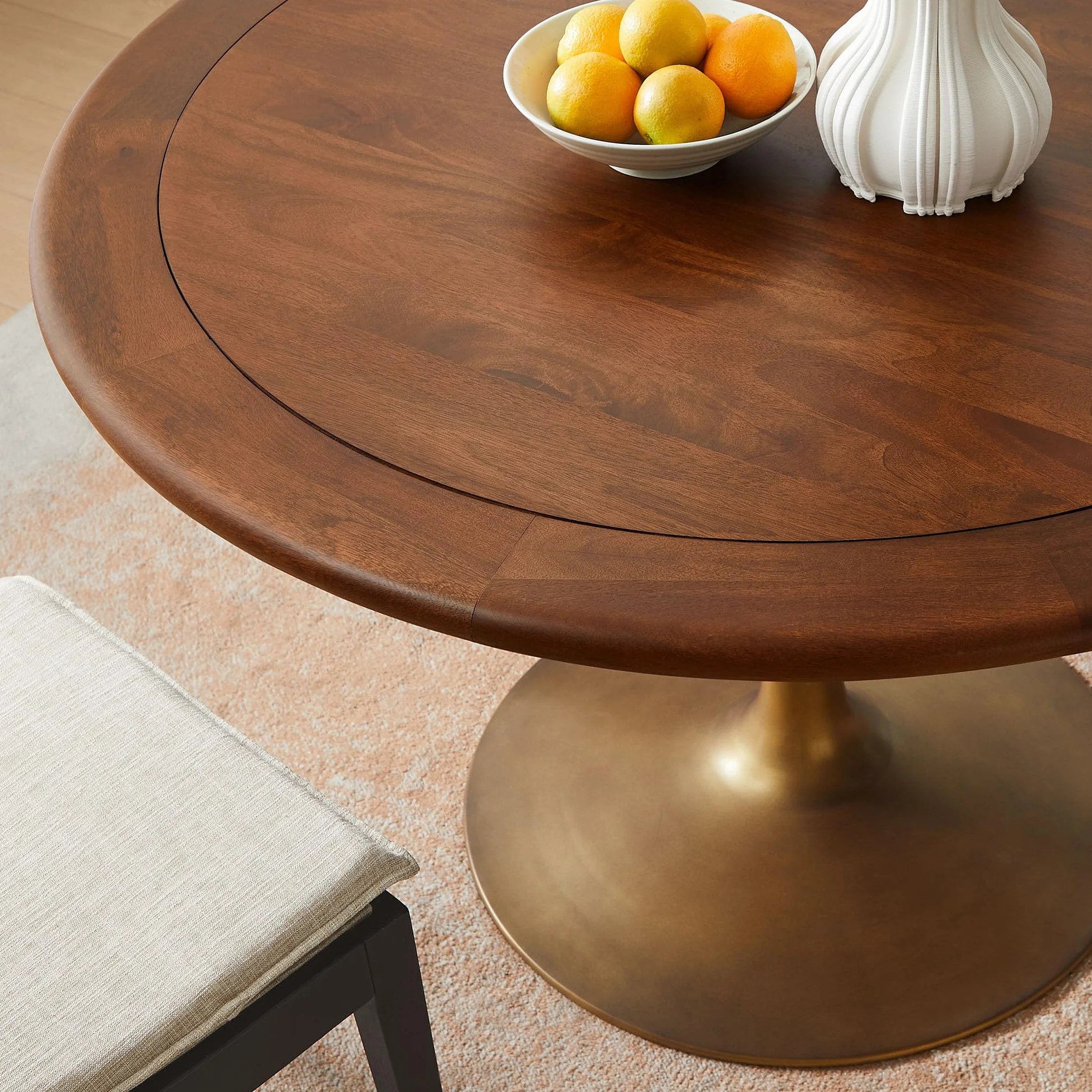 Modway Lippa 48 Inch Round Wood Dining Table with Metal Pedestal in Brass Walnut - Modern Industrial Dining Table for 4 People - Solid Wood Tulip Kitchen Table