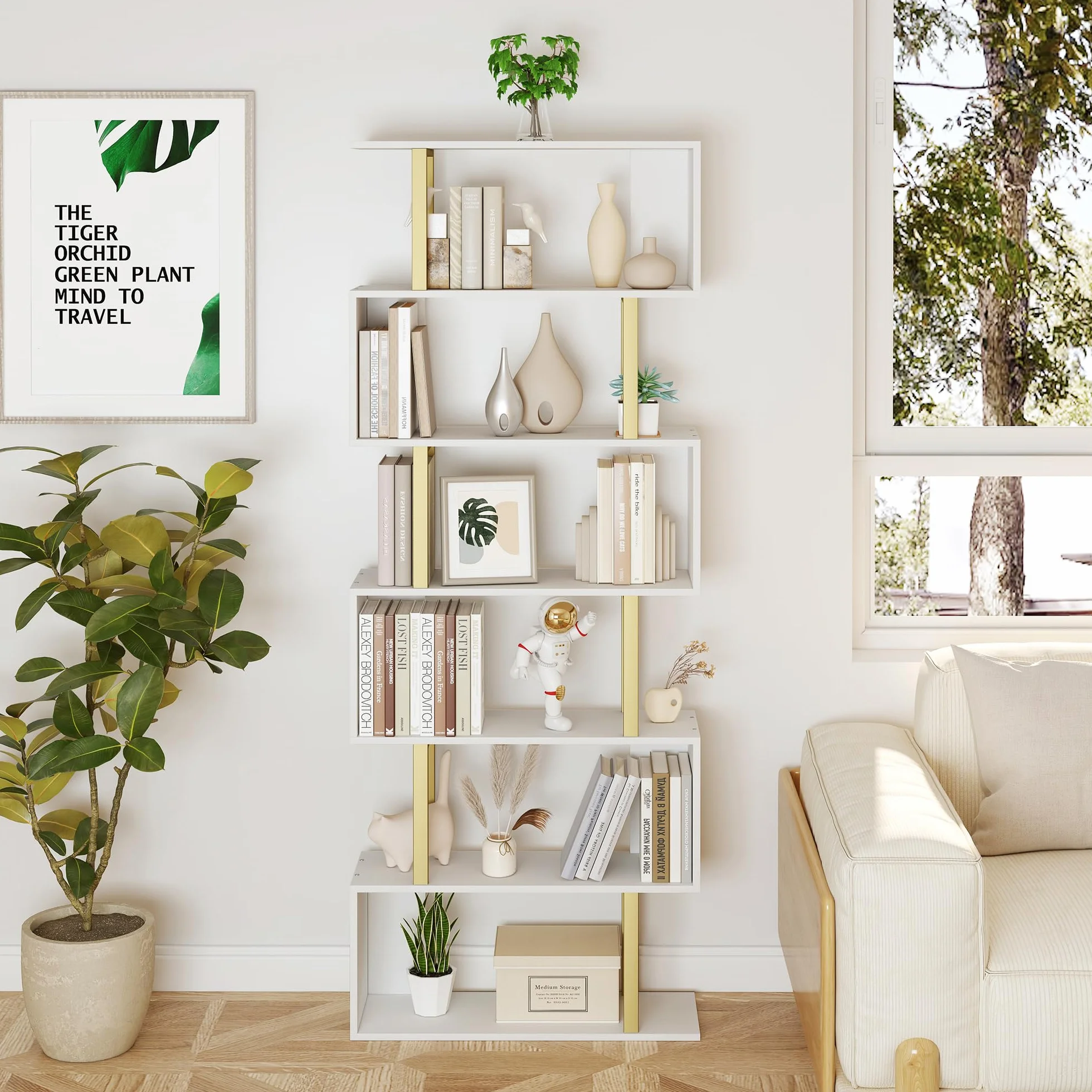 Yusong Geometric Bookcase, S Shaped Bookshelf 6-Tier Book Shelves for Bedroom, Modern Wood Decorative Display Shelf Tall Book Case for Home Office, Gold and White