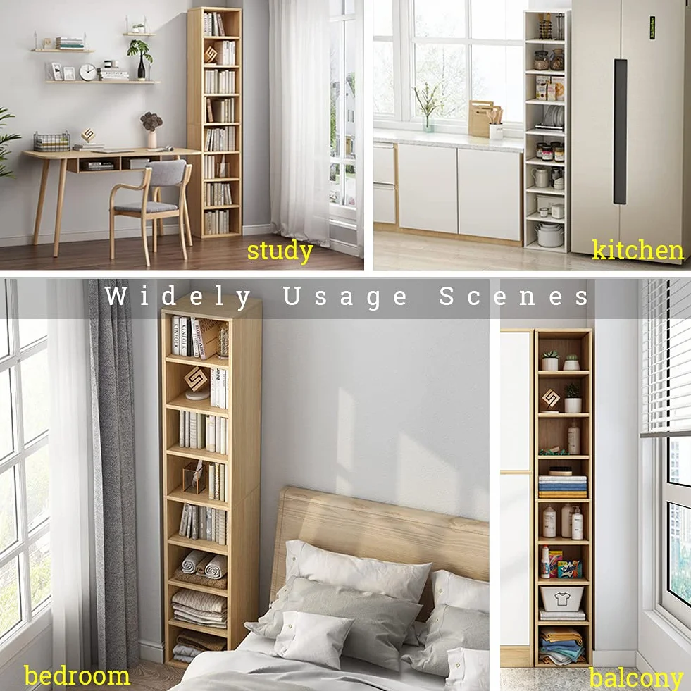 IOTXY Small Narrow Corner Bookcase - 71" Tall Gap Storage Cabinet, Oak | Modern Minimalist Style, MDF Material, Adjustable Shelves, 8 Cubes Open Bookshelf, Floor Tower Rack, Space-Saving Organizer