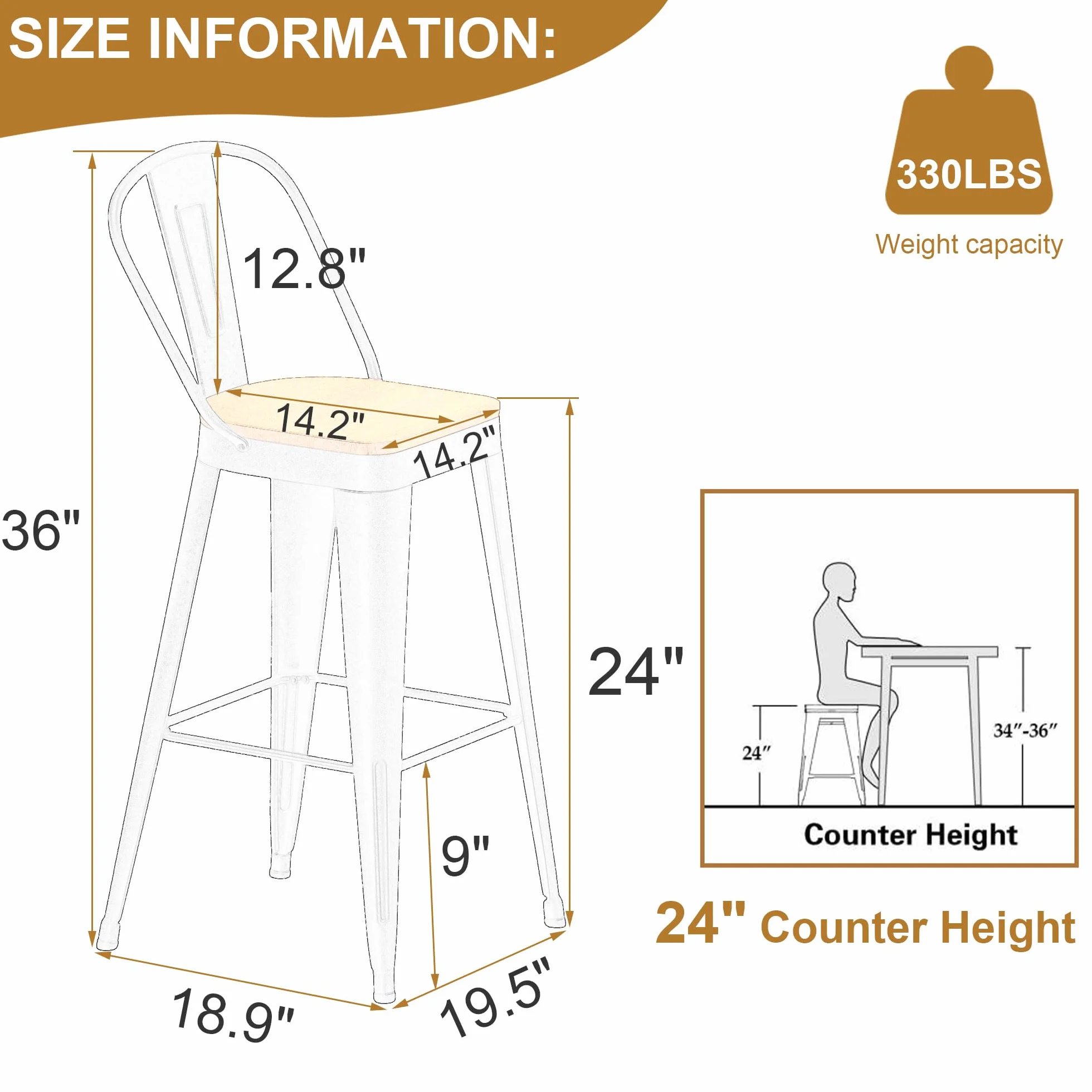 Metal Bar Stools Set of 4, 24" Counter Height with Backs, Black | Matte black metal frame barstools, Modern farmhouse high-back bar chairs, Larger seat for kitchen and dining islands