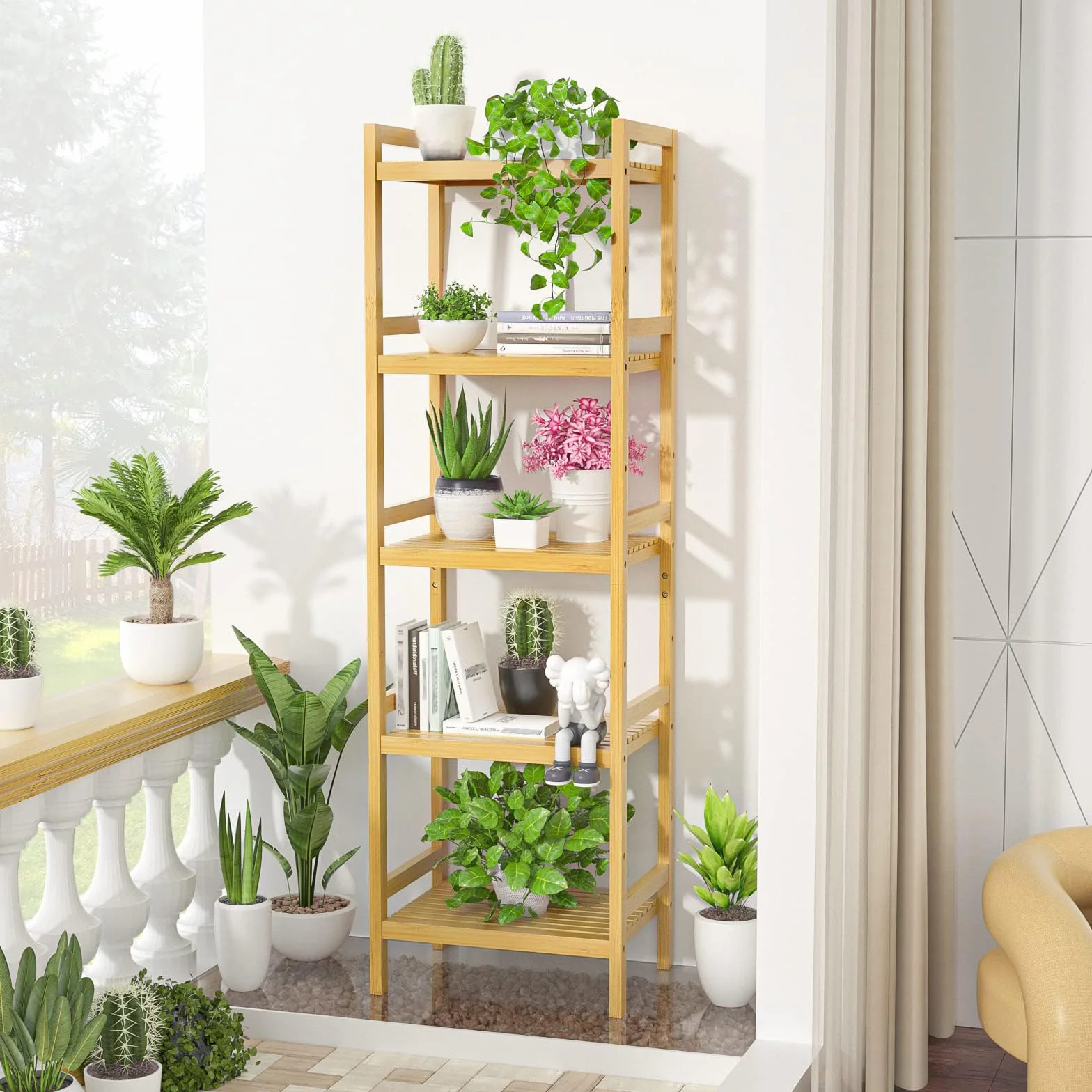 Bamboo Bookshelf, 5-Tier Narrow 55.9” Adjustable Book Shelf Bookcase Bathroom Shelves Freestanding Storage Stand for Living Room, Bedroom, Kitchen, Rust Resistance, Easy Assembly, Natural
