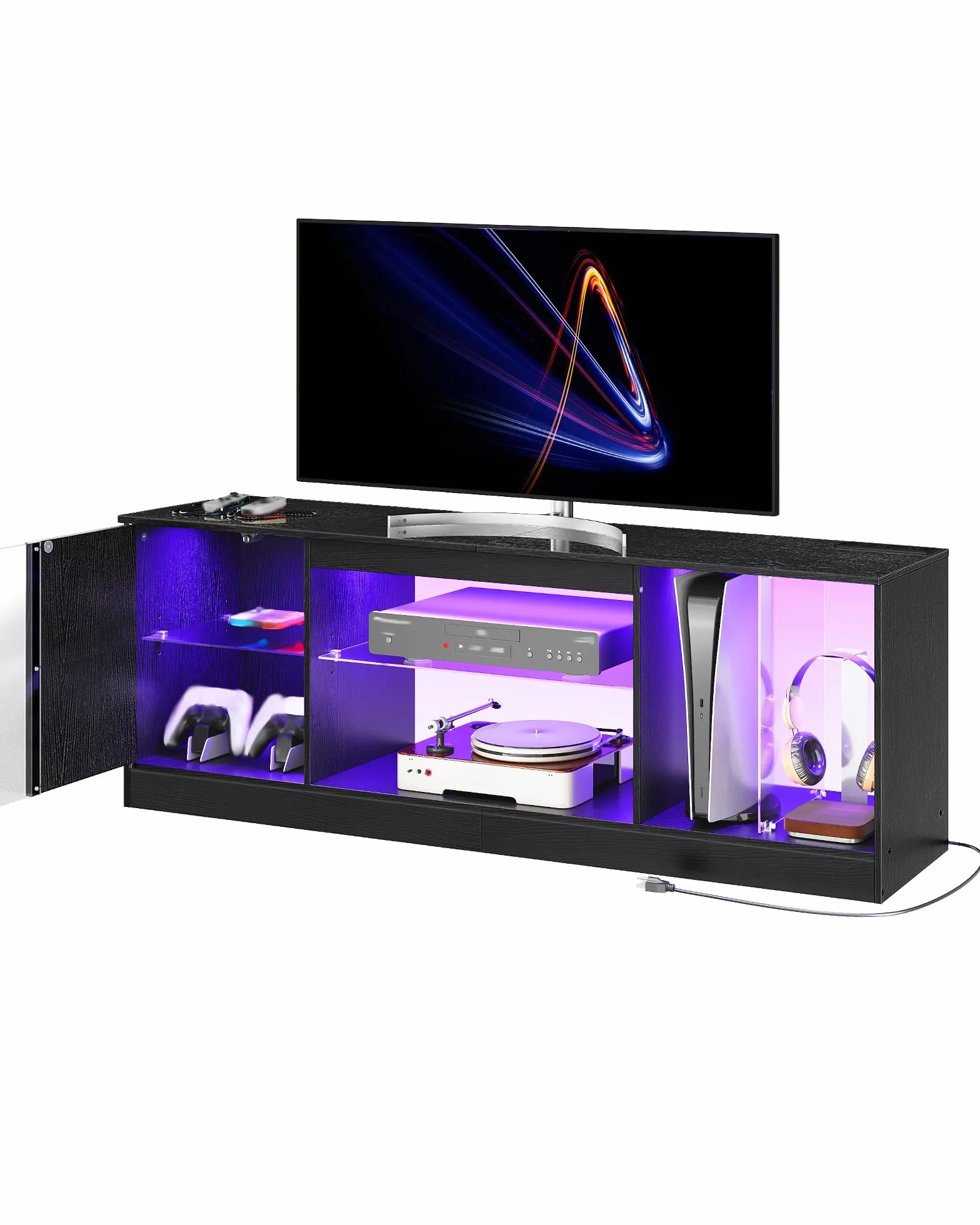 TV Stand with Power Outlets 55 65 inch, Modern Entertainment Center with Multi-Color LED Light, Media TV Console with Adjustable Glass Shelves for Living Room Black MDS01UDBB
