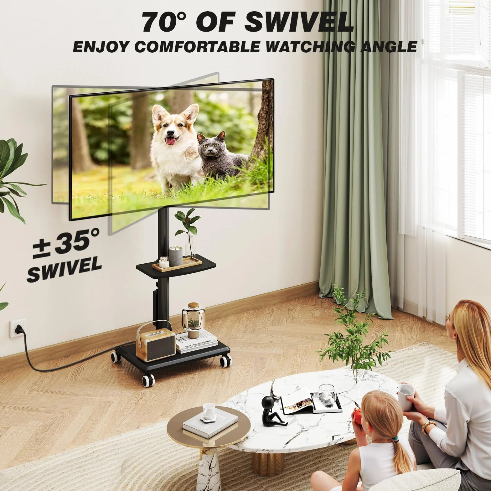 5Rcom Rolling TV Stand with Power Outlet for 32-60 inch TVs | Swivel Height Adjustable TV Cart with Power Outlet & Shelf, Holds 88lbs, Black for Bedroom Living Room Office