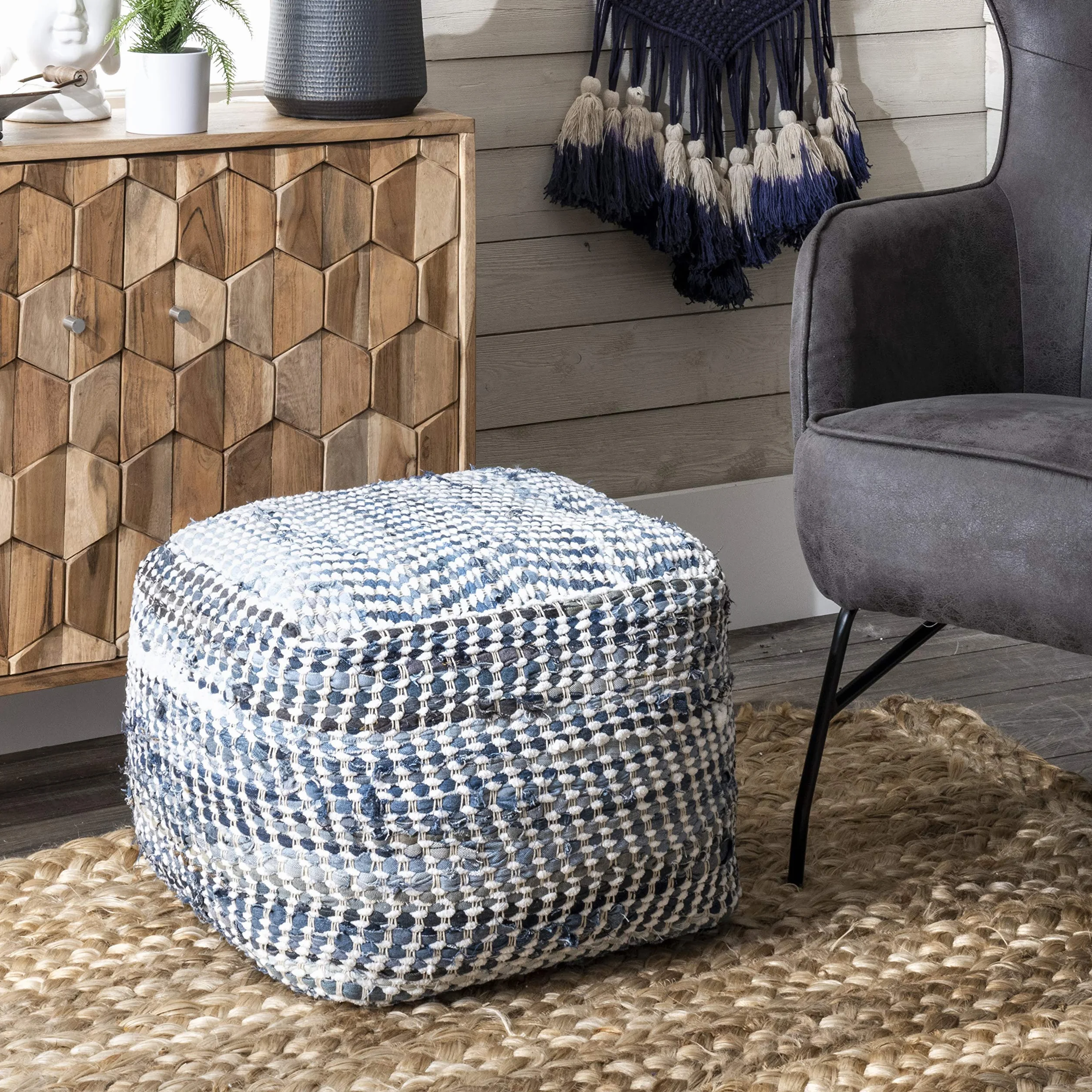nuLOOM Seville Handmade Denim Textured Filled Ottoman Pouf
