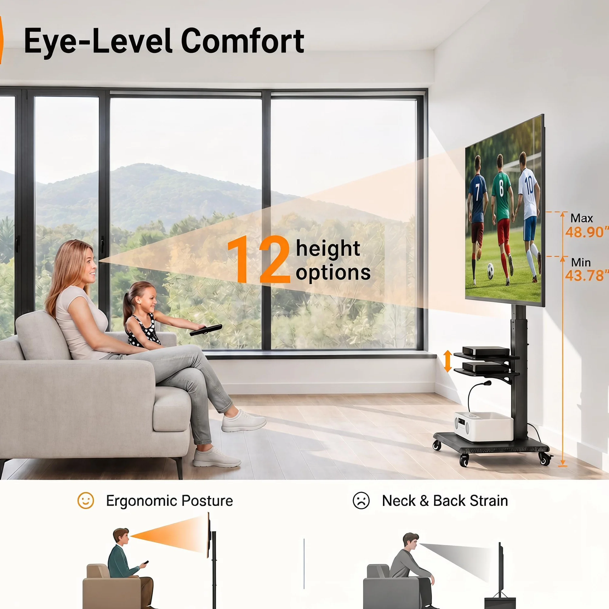 Perlegear Mobile TV Stand with Power Outlet, Tilt & Swivel Rolling TV Stand for 32-75 inches TVs up to 110 lbs, 12 Height Adjustable Rolling TV Cart with Wheels, Max VESA 600x400mm, PGTVMC17