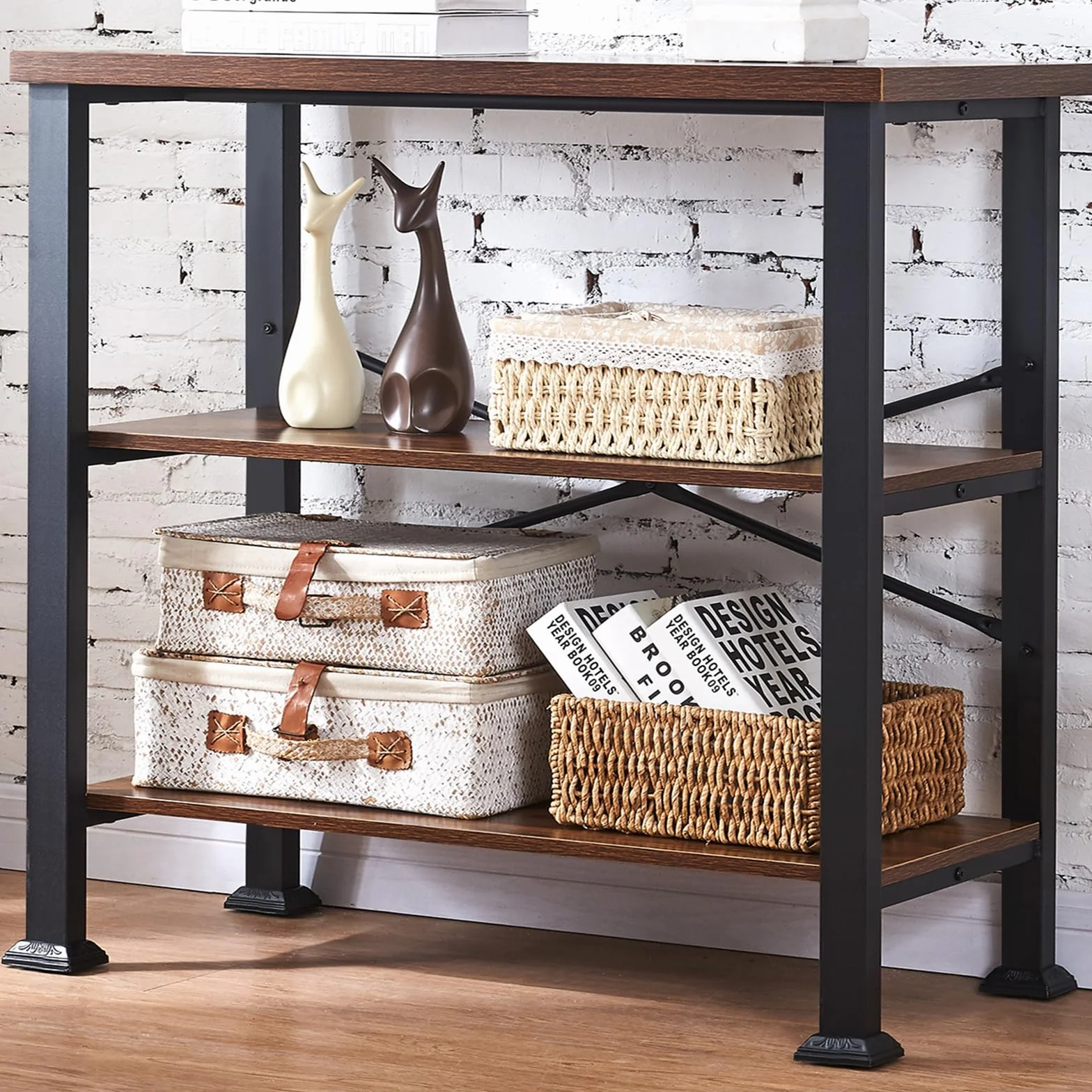 Hombazzar 3 Tier Book Shelf,31.5" Wide Rustic Brown Short Bookshelf | Multipurpose Design for Living Room,Office,Bedroom. Retro Industrial Design,Stability,Adjustable Feet,Easy Assembly