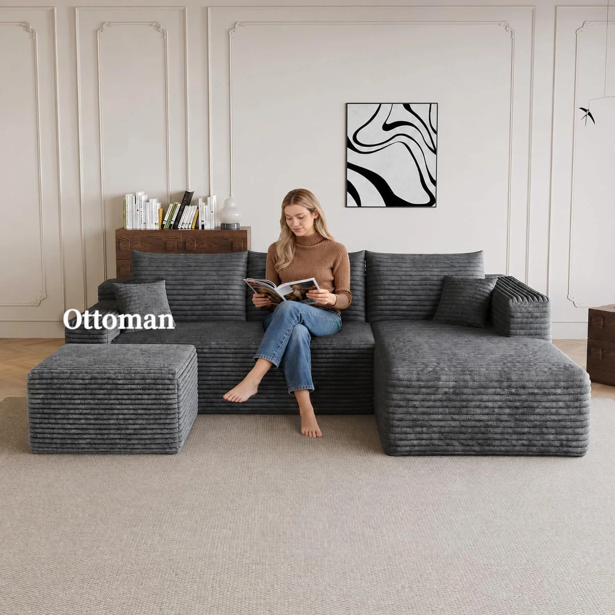 25.6" Corduroy Ottoman for Living Room,Plush Upholstered Ottoman for Couch,Memory Foam Compressed Sofa in A Box No Assembly Require,Dark Grey