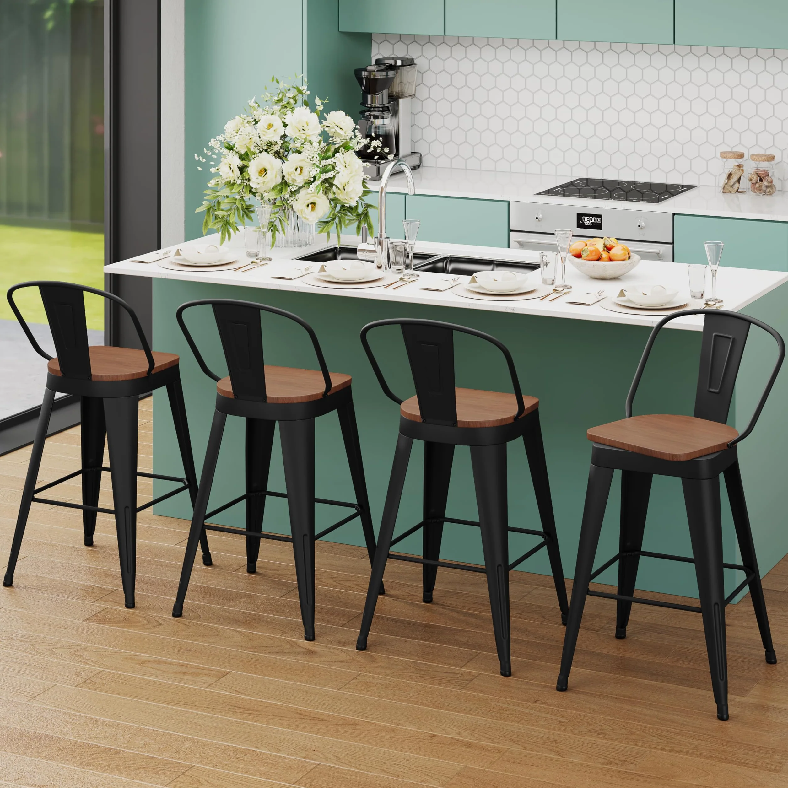 Aklaus Swivel Bar Stools 24 inch Swivel Metal Counter Height Barstools Set of 4 Modern Farmhouse Bar Chairs with High Backs and Large Wooden Seat for Kitchen Island Dining Room Matte Black