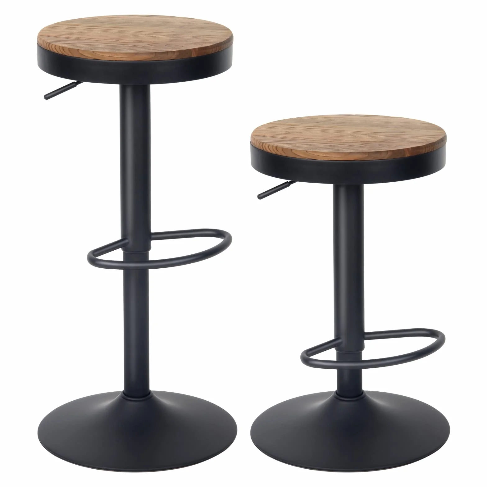 Kidol & Shellder Black Bar Stools Set of 2 Adjustable Swivel Backless Barstools Modern Round Wooden Seat Counter Height Bar Chairs Armless for Kitchen Island, Cafe, Dining Room