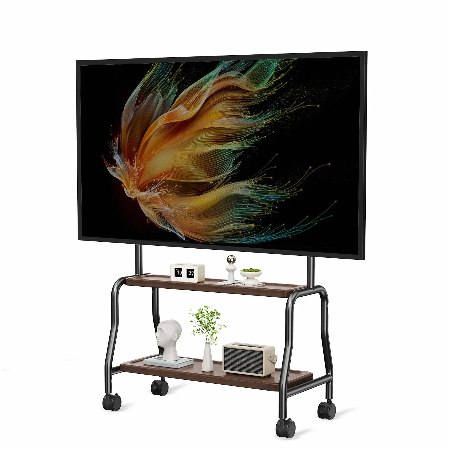 Easel Rolling TV Stand with Wheels for 32-75 Inch TVs, Decorative Mobile TV Cart with Double Wood Shelves, Portable Floor TV Stand for Living Room Office Classroom, VESA 600x400, 110 lbs