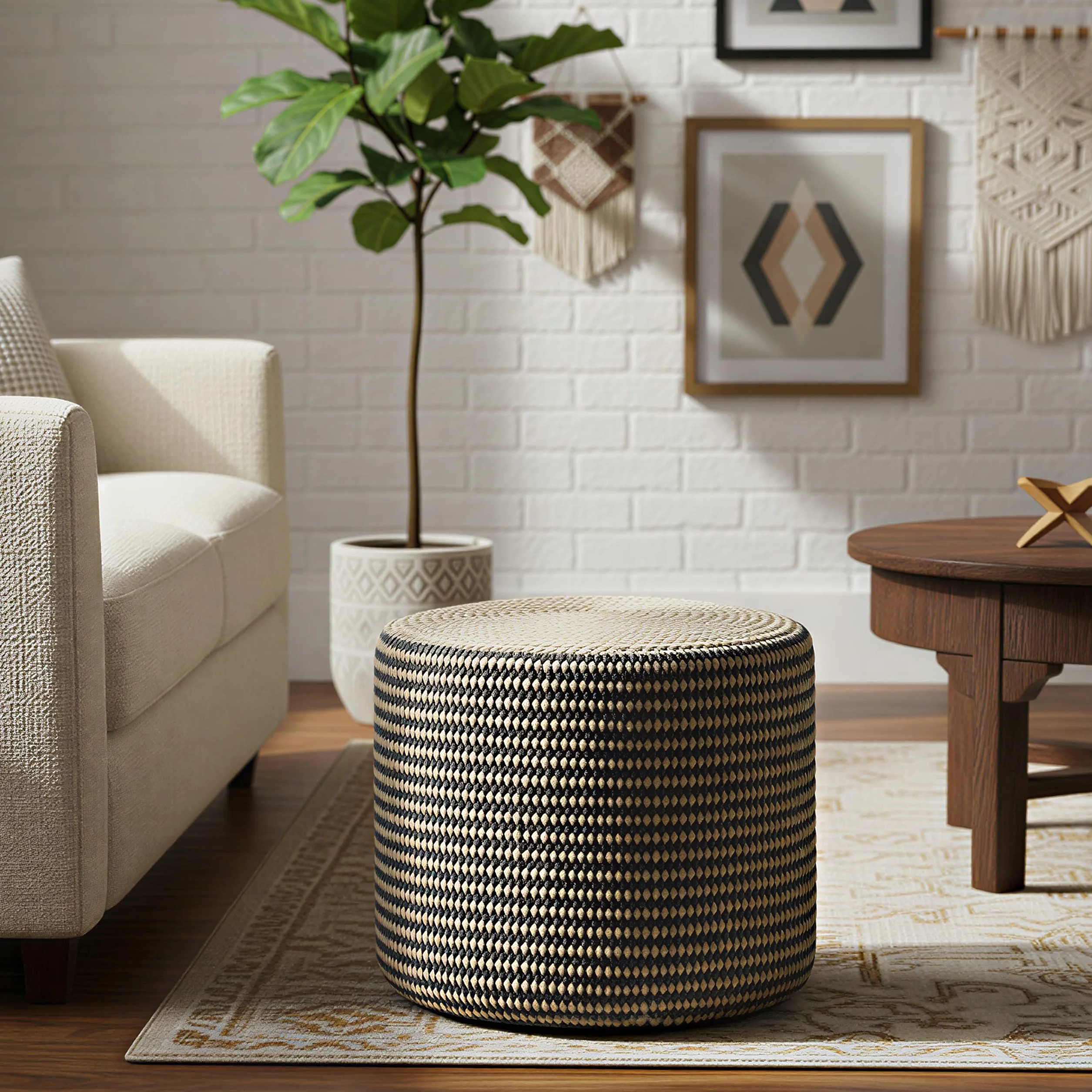 SIMPLIHOME Larissa Round Pouf - 18 inch Wide Hand Braided Jute Ottoman in Sandy Natural/Ebony, Boho Footstool or Extra Seating for Living Room or Kids Room with Polystyrene Bead Filling, Assembled