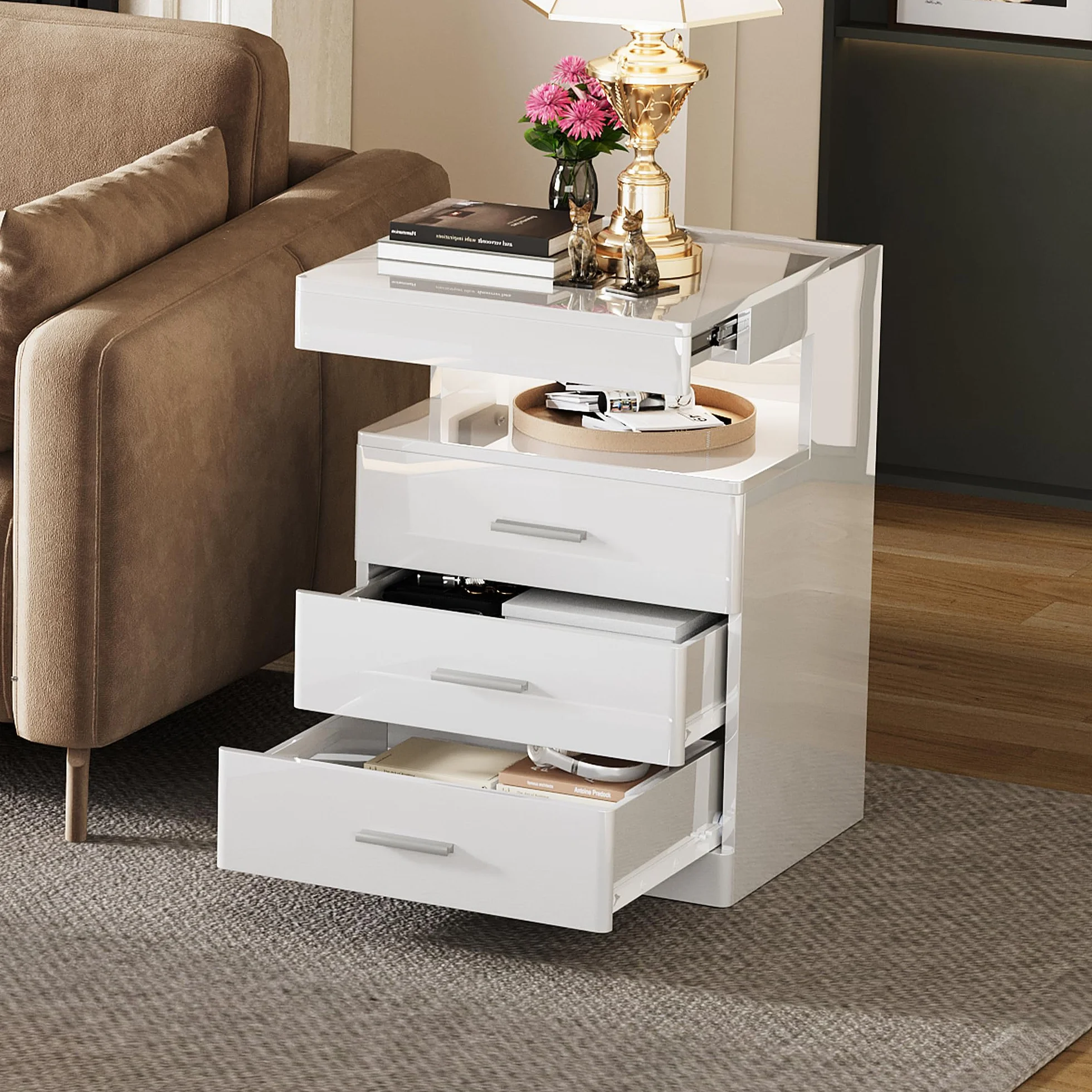 Treocho Led Nightstand with Hidden Space & Charging Station | 3 Drawer Smart Nightstand, Glossy Finish, RGB Lights, Tall Bedside Table for Bedroom, White
