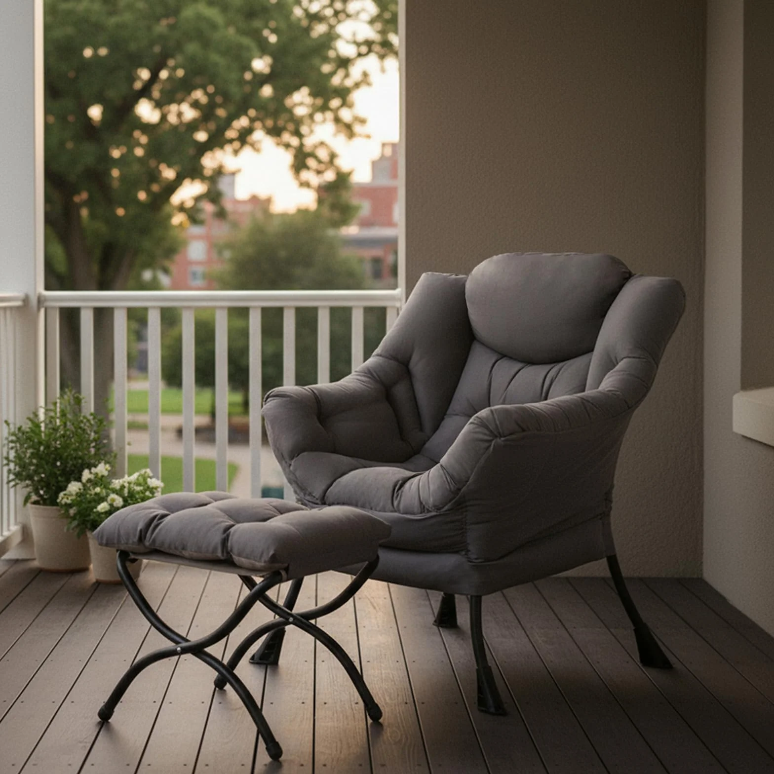 Lazy Chair with Ottoman, Comfy Reading Accent Chair, Dark Grey | Foldable Footrest, Padded Seat and Backrest, Side Pocket for Lounging in Living Rooms, Bedrooms, Dorms and Small Spaces