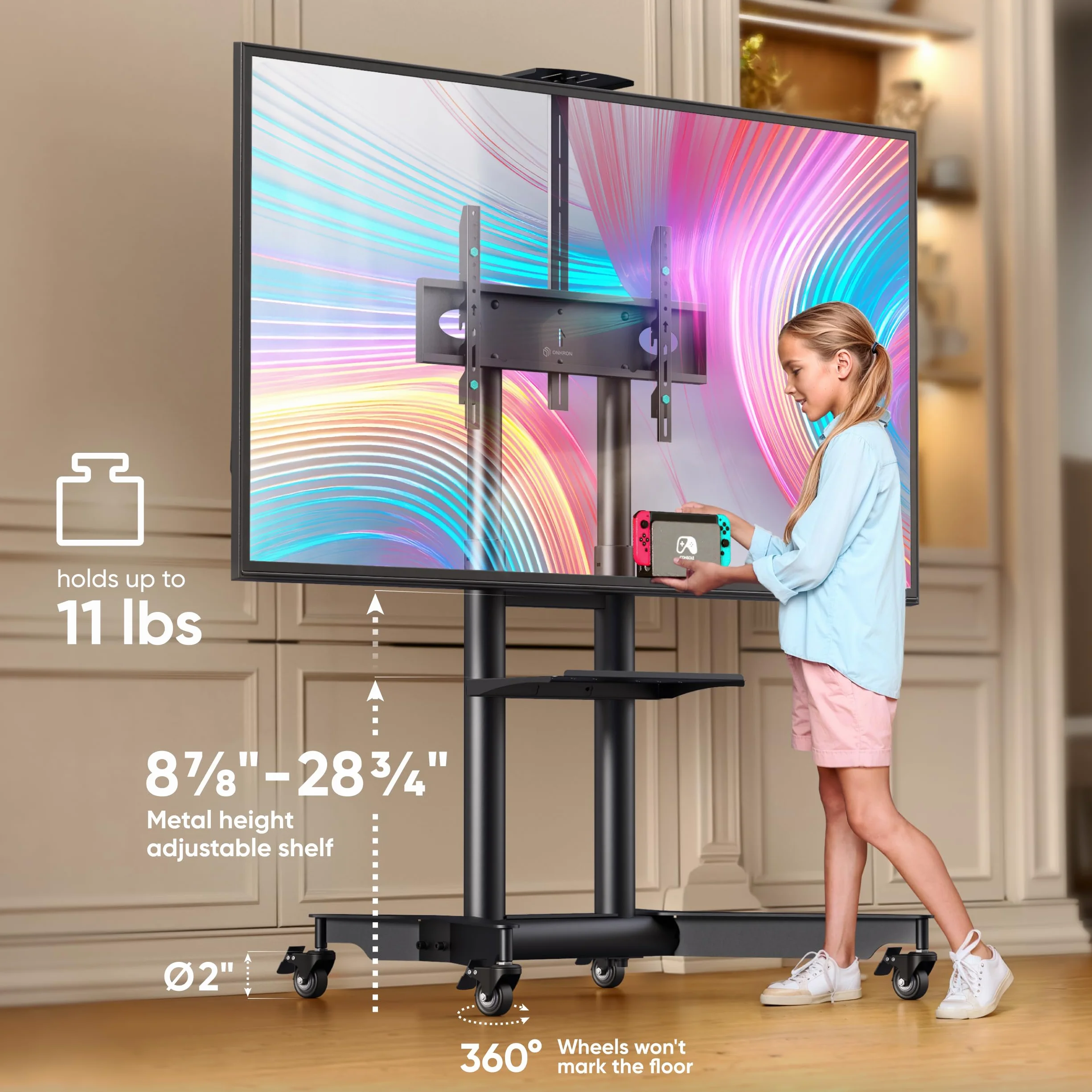 ONKRON Mobile TV Stand 32-75 Inch, up to 110 lbs, max VESA 600x400, Black | TV rolling cart height adjustable 39.3"-57.6", AV & webcam shelves, locking wheels; for home, office & meeting rooms