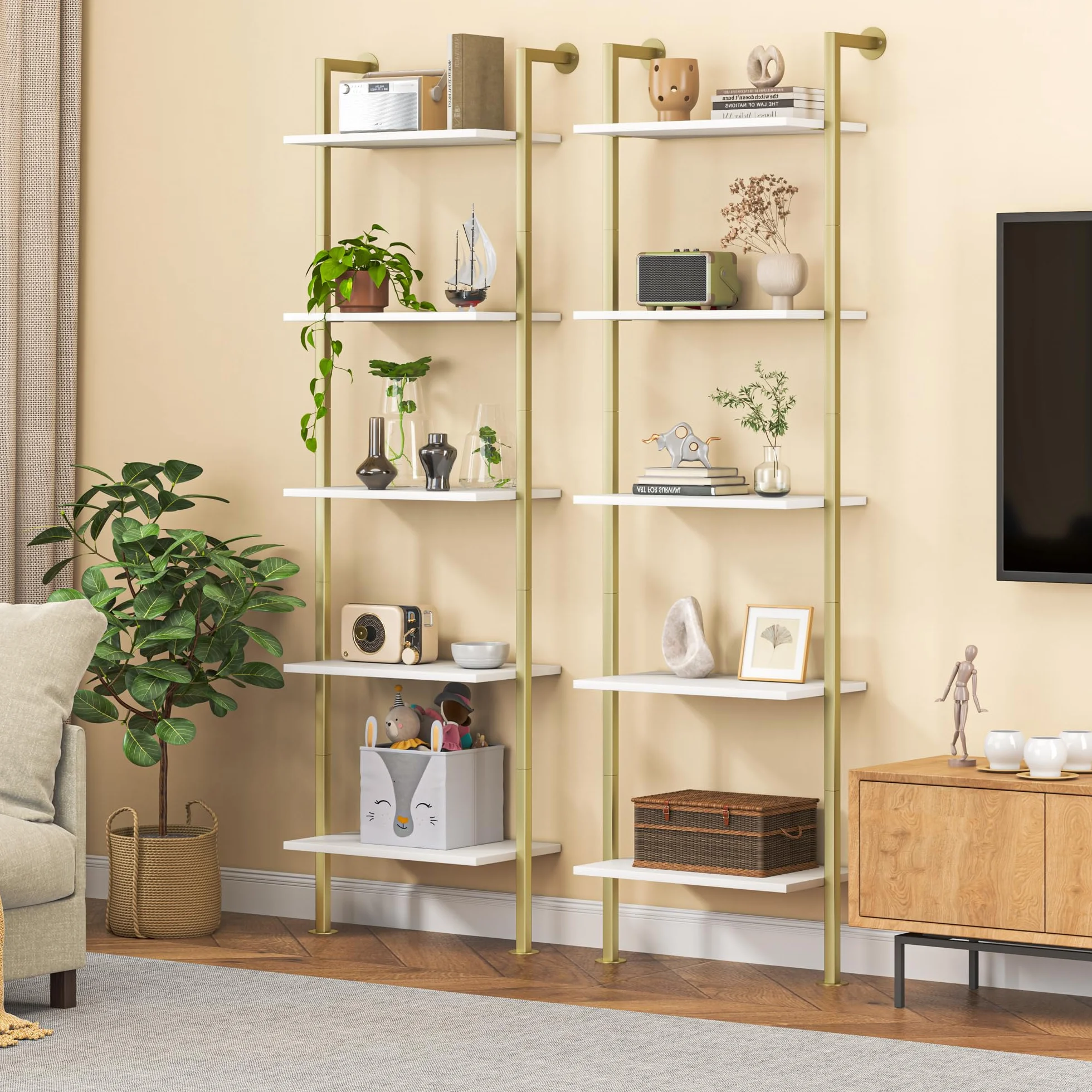 Acovy 5-Tier Bookshelf - Solid Wood Narrow Bookcase Set of 2, Wall Mount Ladder Shelf, Storage Rack for Living Room, Bedroom, Bathroom, White and Gold