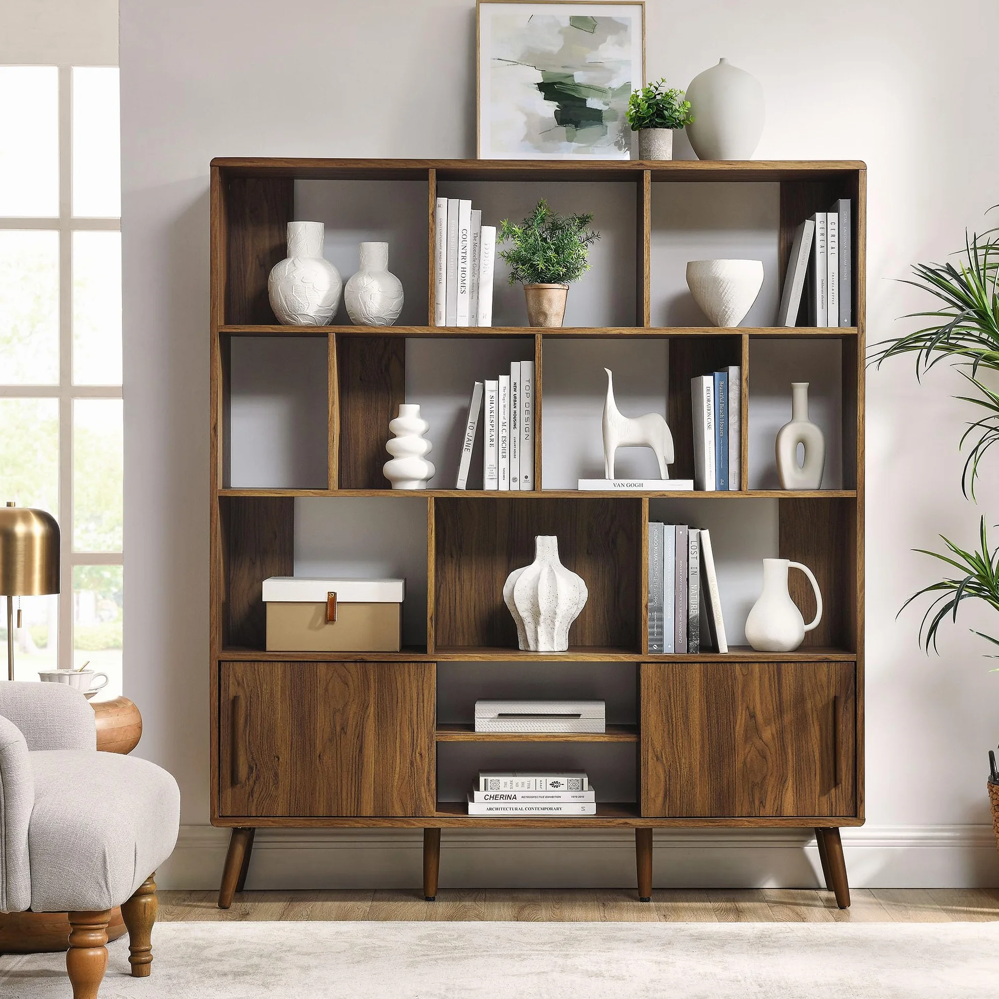 Modway Transmit 14 Shelf Bookcase with Sliding Doors in Walnut - 59 Inch Wood Mid-Century Modern Bookshelf - 4 Tier Wide Open Display Storage Cabinet for Living Room, Office, Hallway