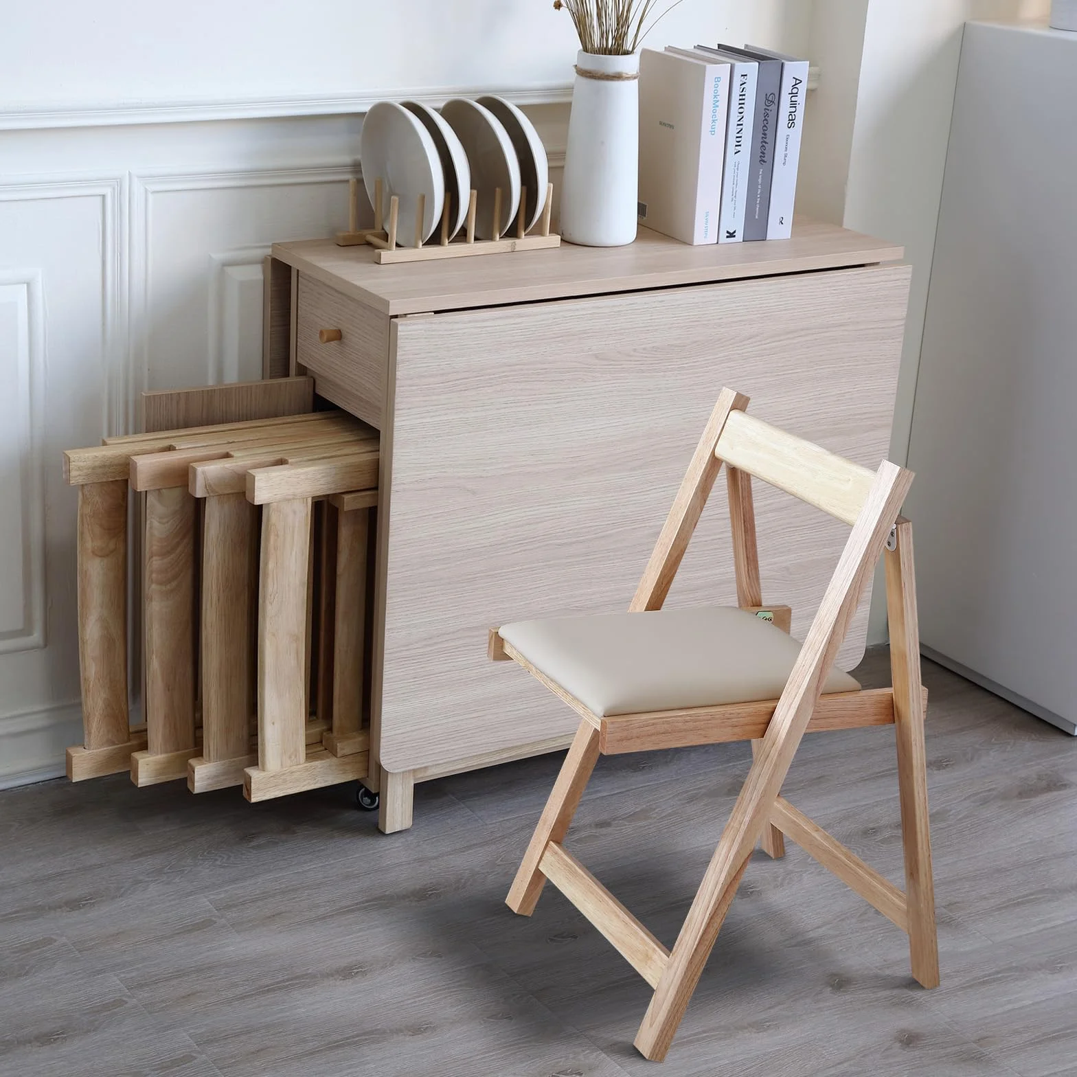 Wood Drop Leaf Folding Dining Table with 2 Drawers and 4 Wheels, Wooden Padded Chairs Set of 4, Space Saving Dining Table with 4 Chairs