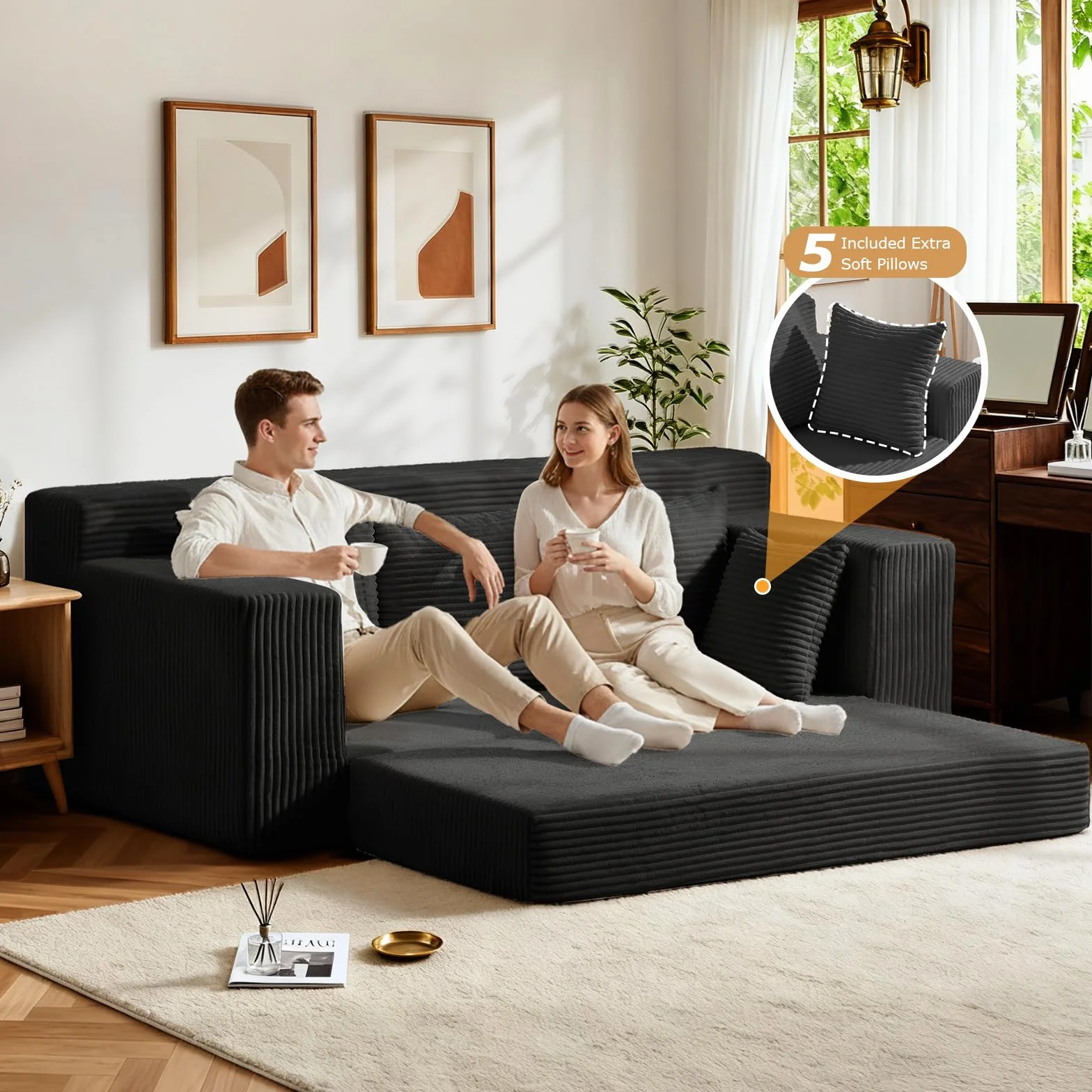 Convertible Sofa Bed, Pull Out 3 Seater Sleeper Sofa, 70" Black Boneless Couch Fold Out Floor Couch with 5 Pillows for Living Room Bedroom Lounge Small Space