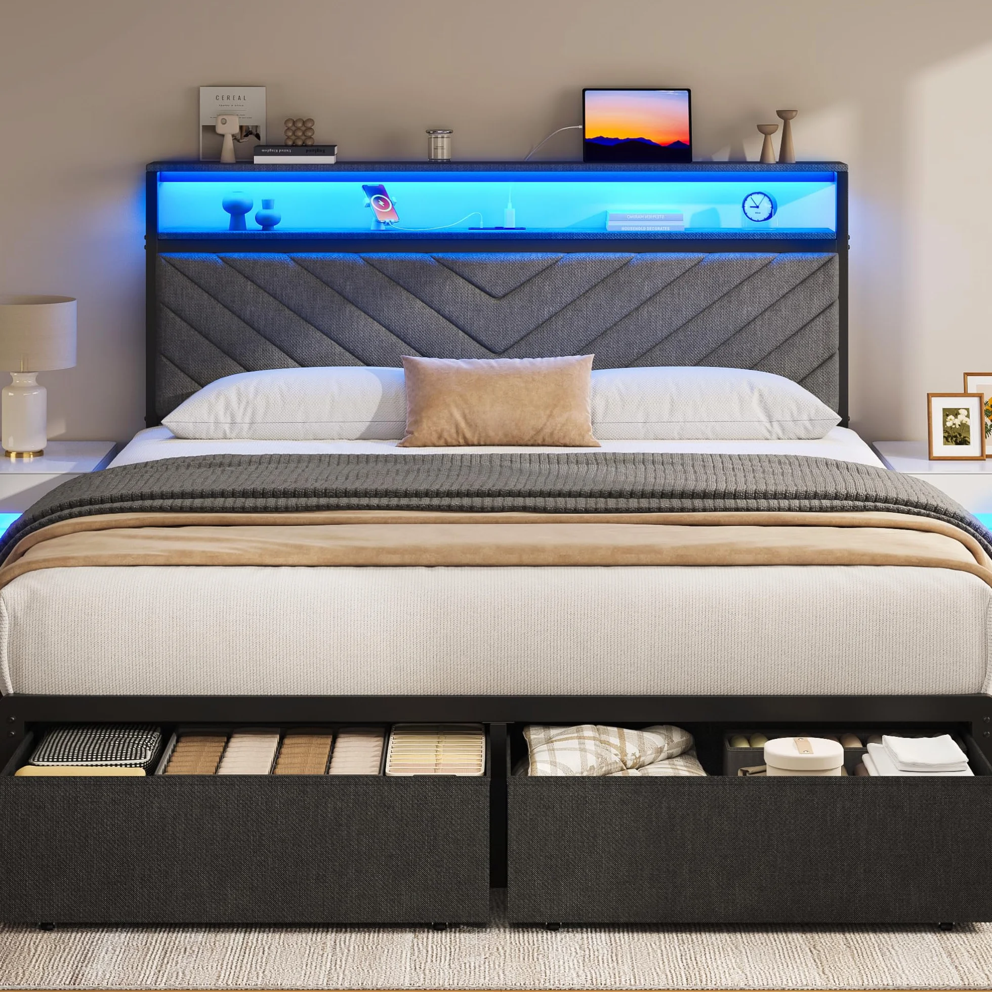 Fluest Queen Bed Frame with 2 Drawers, Upholstered Headboard with Storage and Charging Station, LED Lights, Fabric Drawers with Wheels, Under Bed Storage, No Box Spring Needed, Easy Assembly, Grey