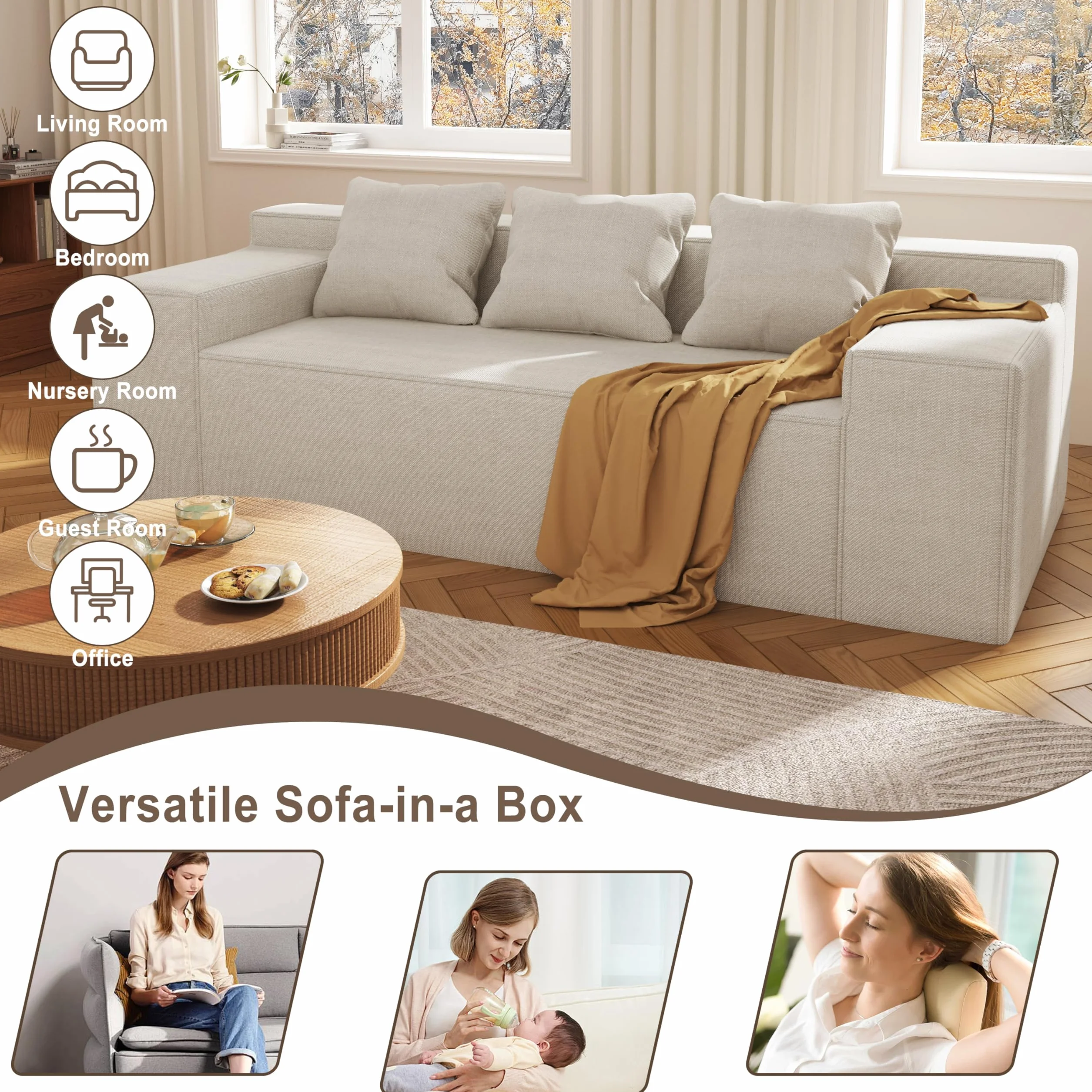Modern 3-Seater Sofa, Hybrid Sofa in a Box, No Assembly Required, Comfy Sofa Couch with 3 Matching Pillows, Cat-Scratch Resistant Linen, Couch for Living Room or Bedroom, Beige