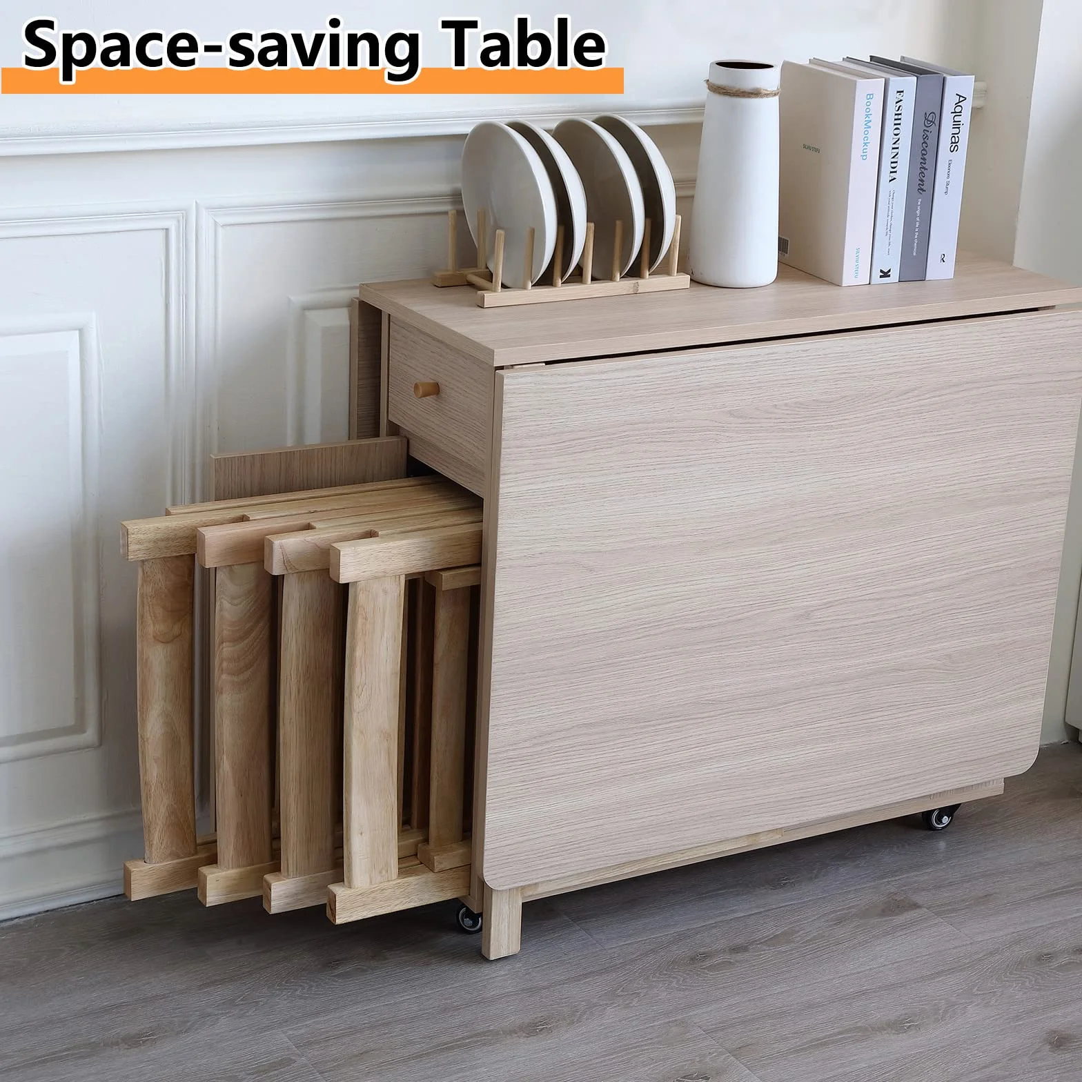 Wood Drop Leaf Folding Dining Table with 2 Drawers and 4 Wheels, Wooden Padded Chairs Set of 4, Space Saving Dining Table with 4 Chairs